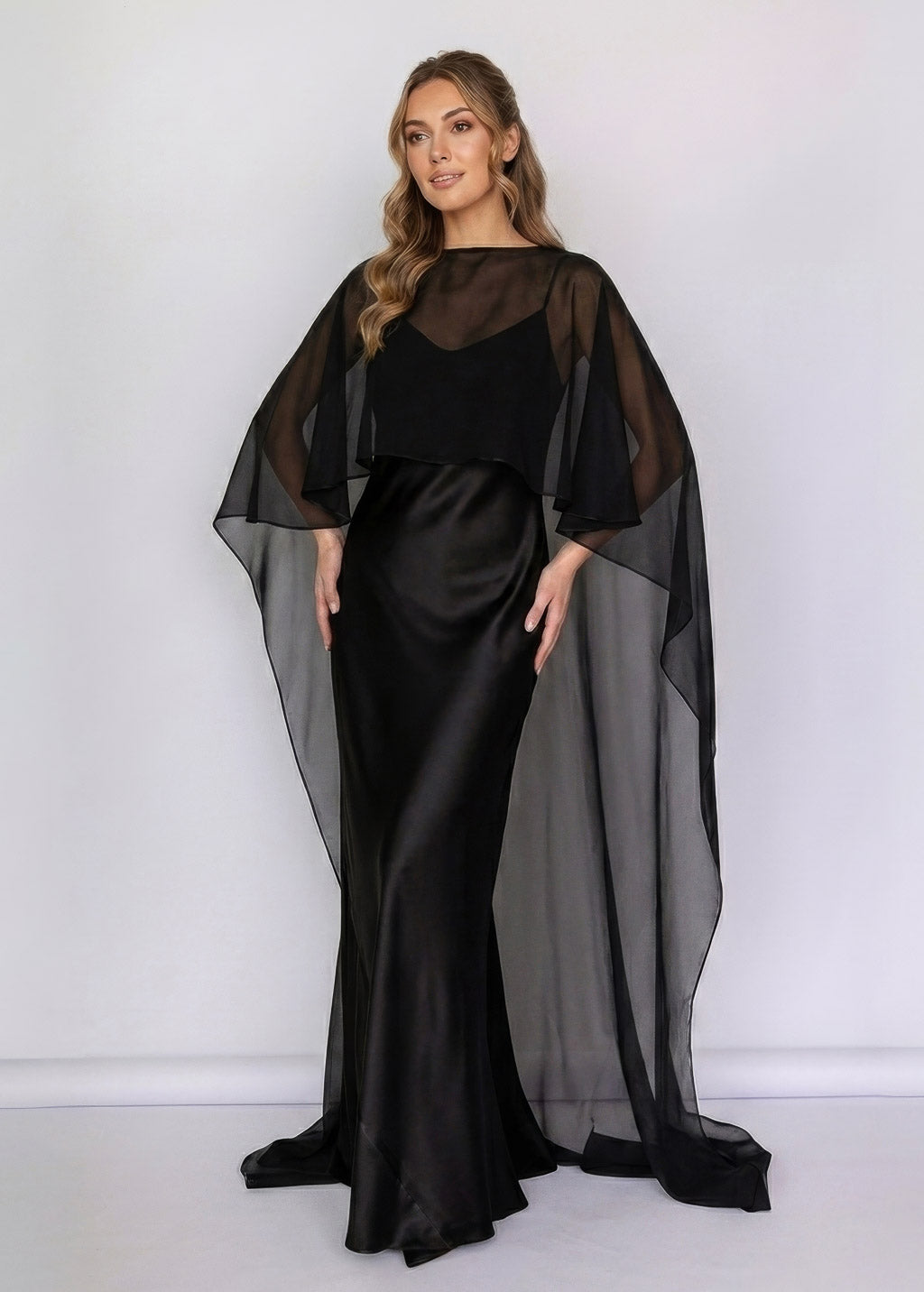 Black Bias Cut Silk Satin Maxi Dress with Chiffon Cape