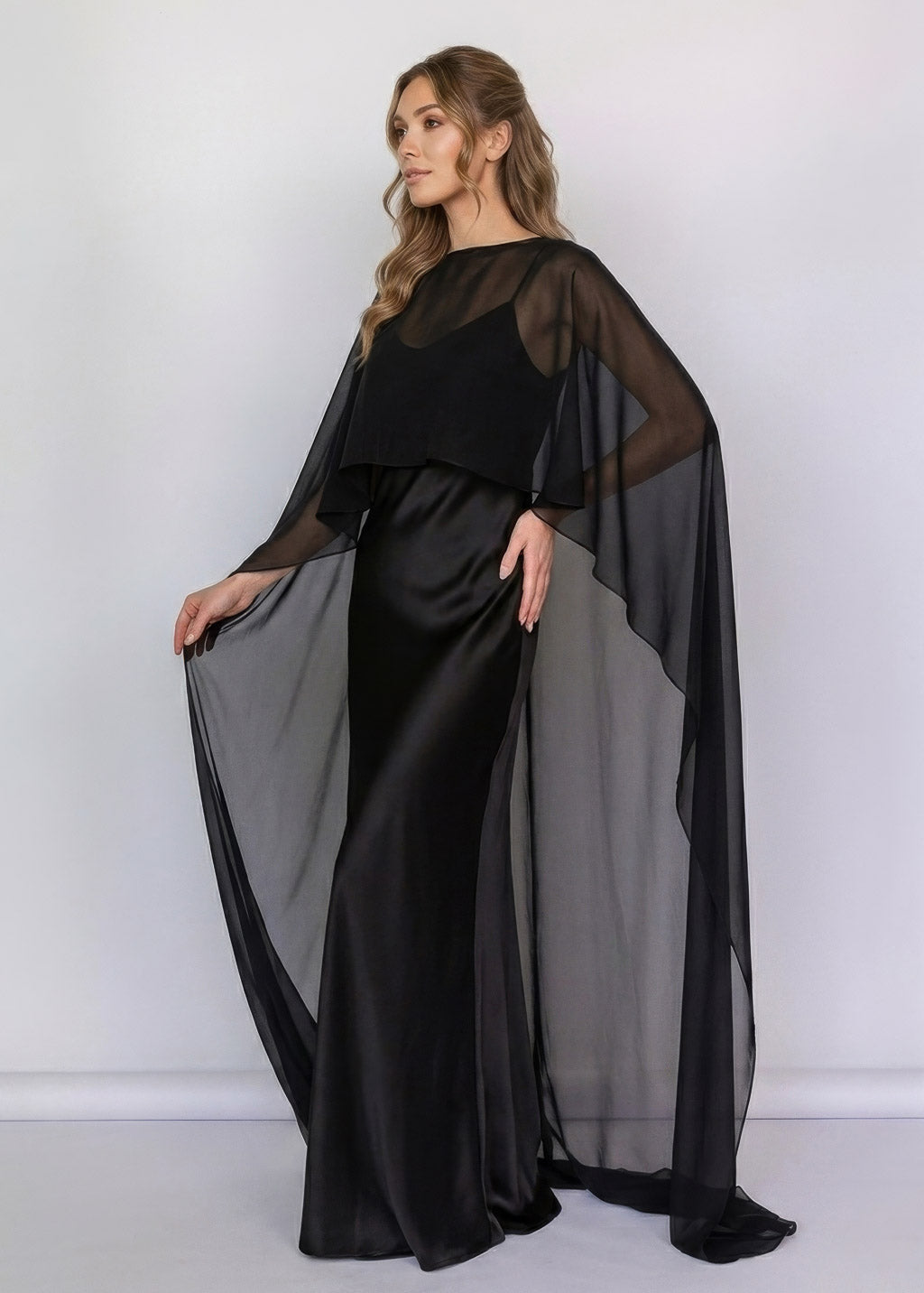 Black Bias Cut Silk Satin Maxi Dress with Chiffon Cape