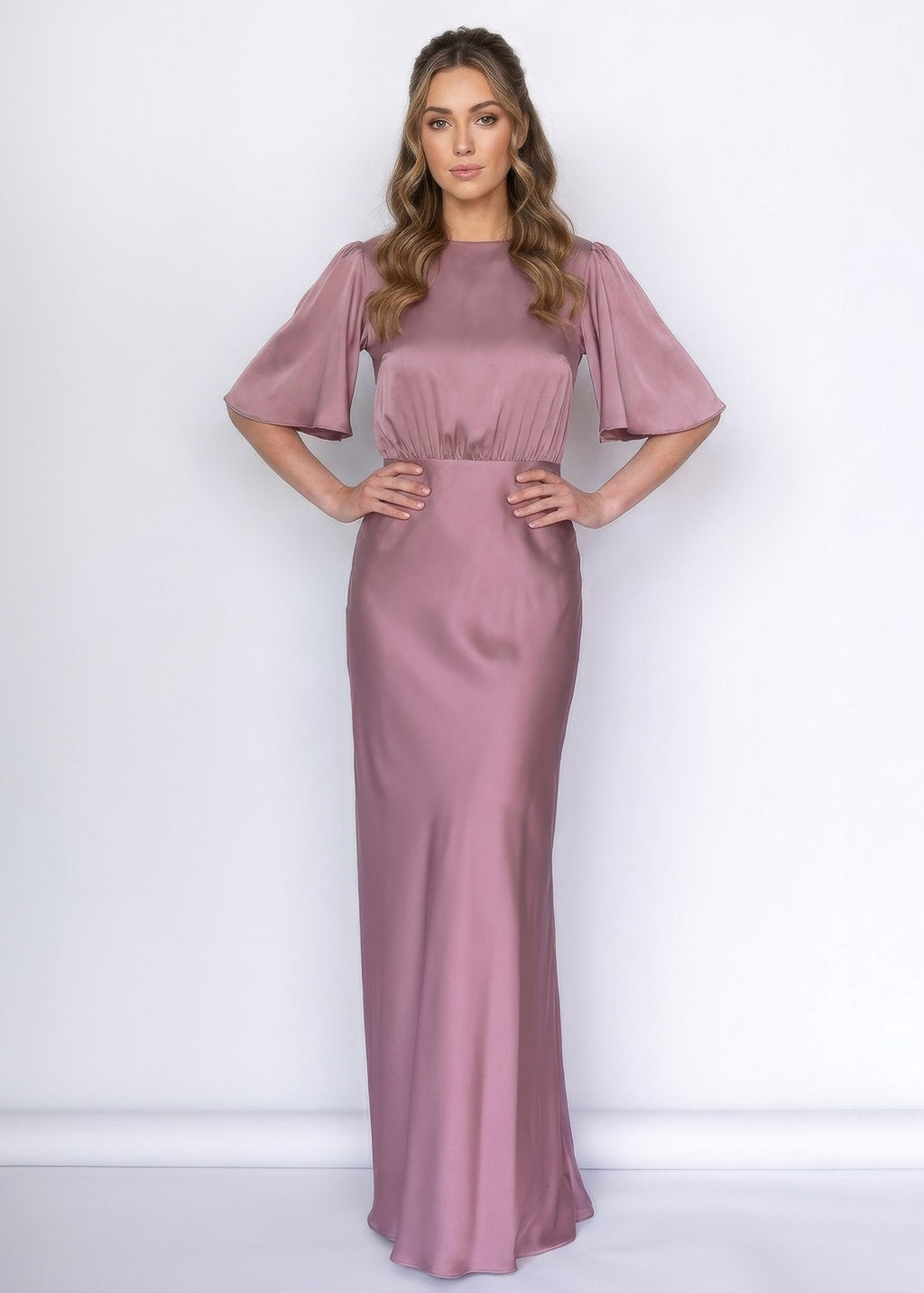 Champagne Rose Silk Maxi Dress with Flutter Sleeves
