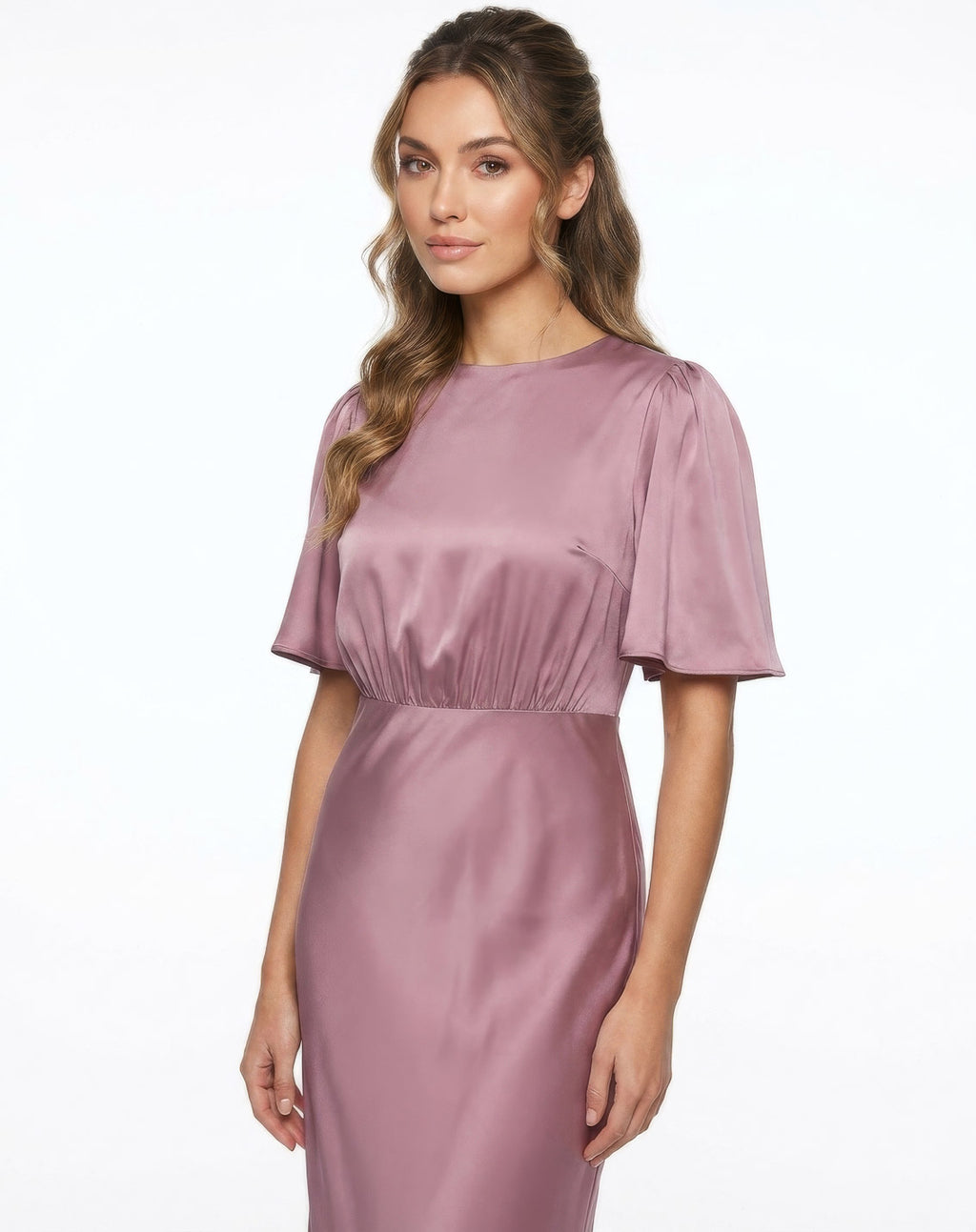Champagne Rose Silk Maxi Dress with Flutter Sleeves