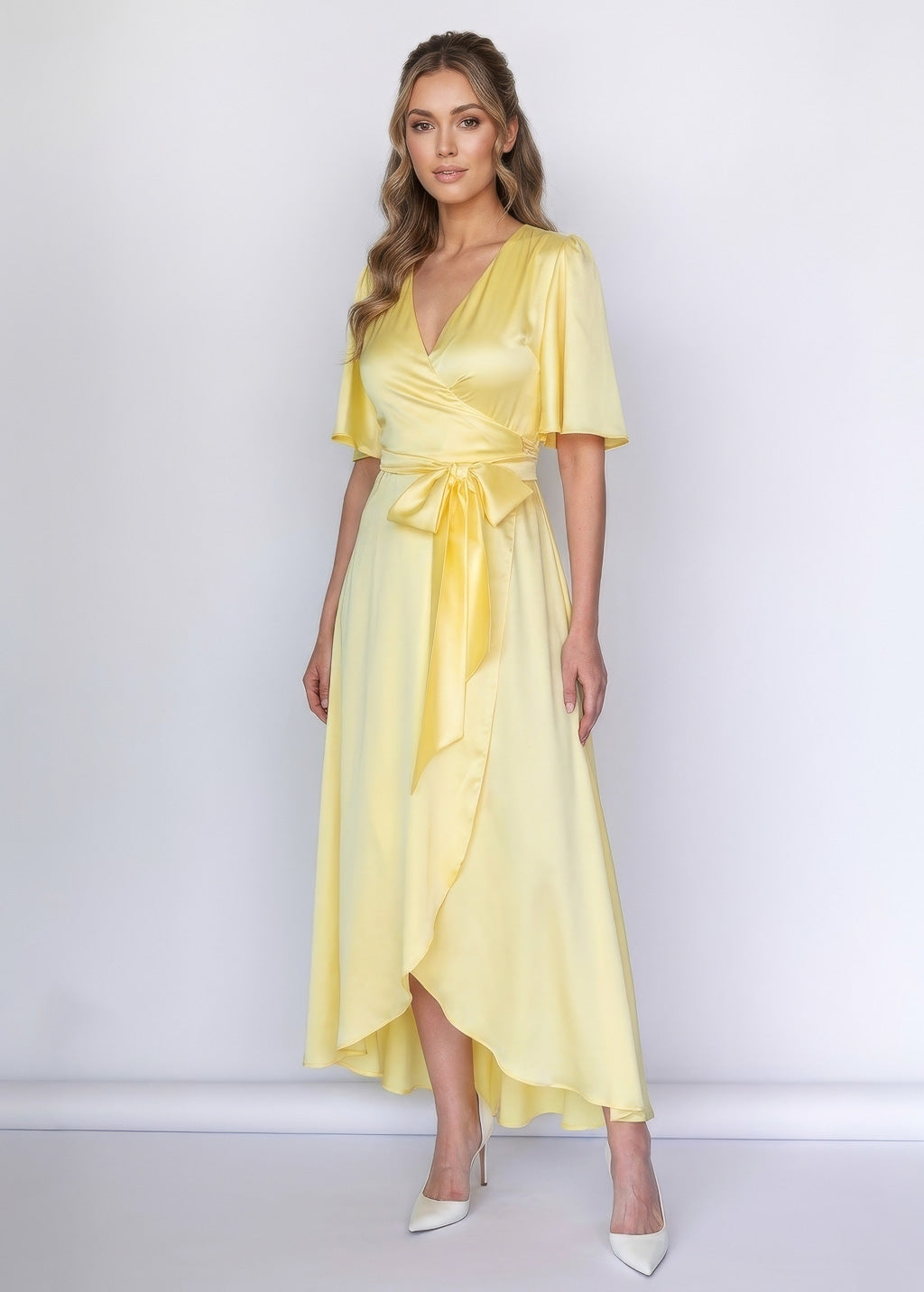 Lemon Sorbet Silk Wrap Dress with Flutter Sleeve