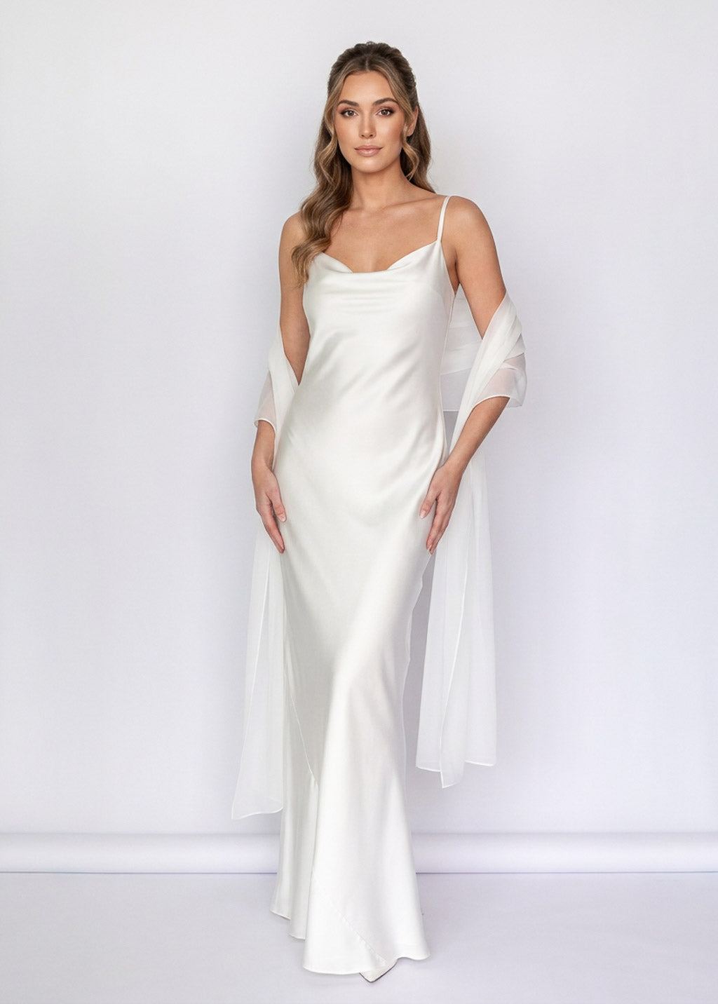 Ivory Bias Cut Silk Satin Dress with Chiffon Scarf