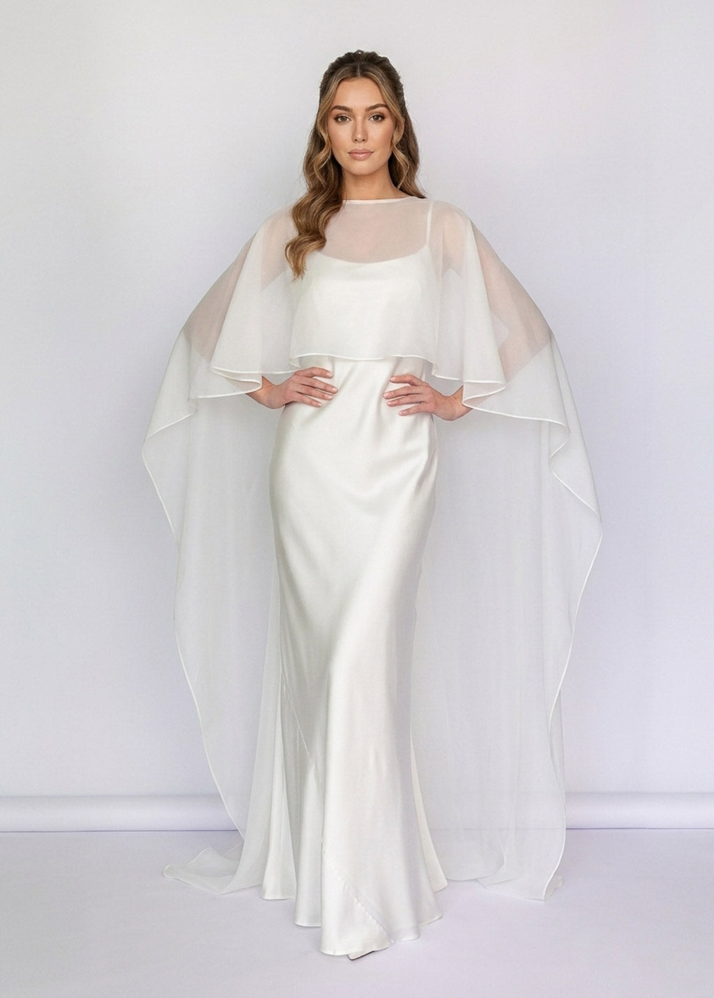 Ivory Bias Cut Silk Satin Maxi Dress with Chiffon Cape