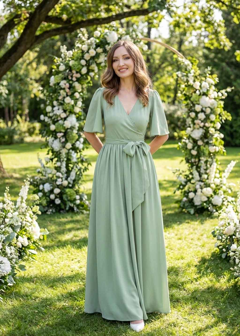 Robe portefeuille longue en mousseline vert sauge