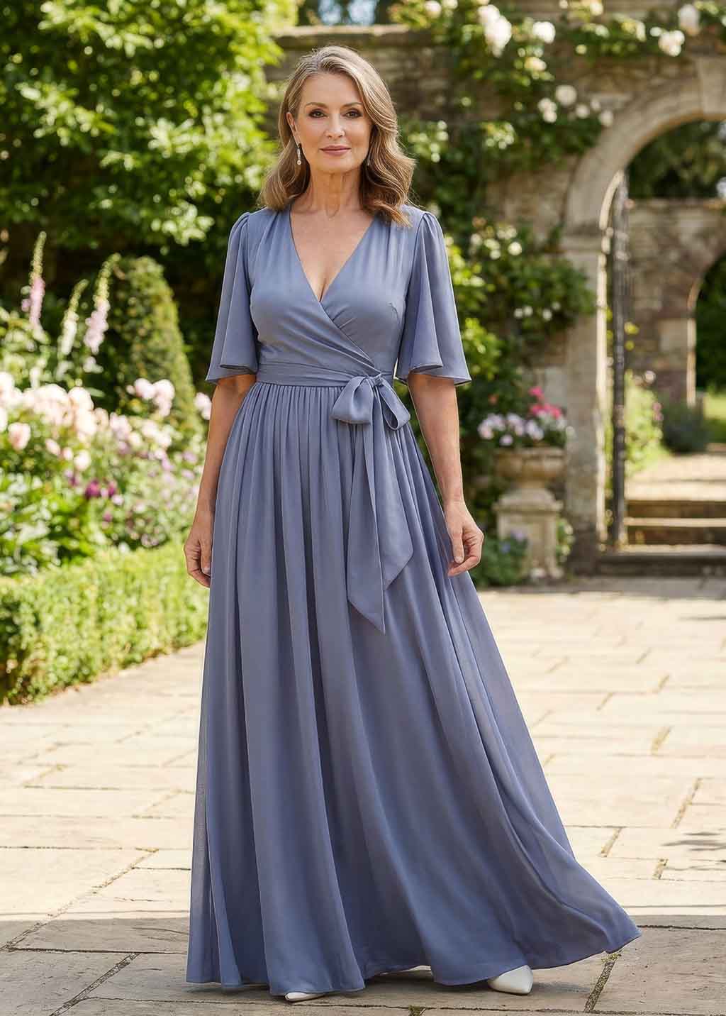 Mother of the Bride or Groom Silk Wrap Dress with Flutter Sleeve & Pleated Skirt