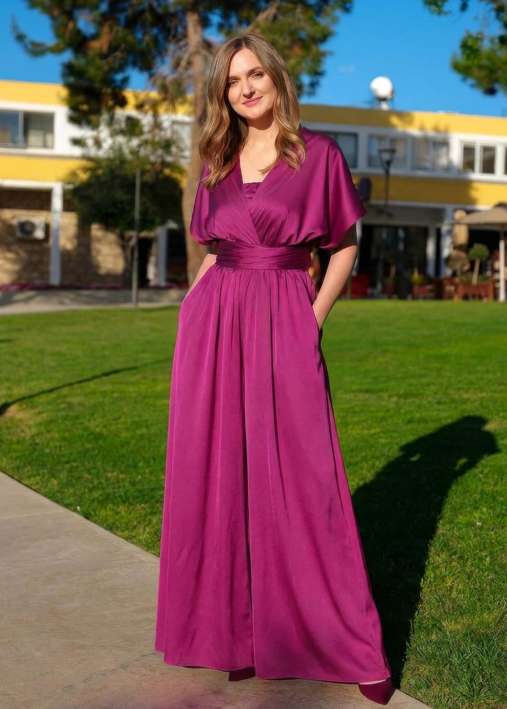 Dark Fuchsia Bridesmaid Infinity Silk Jumpsuit with Pockets
