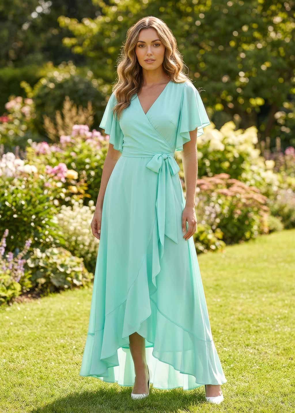 Himmelblaues Wickelkleid aus Chiffon 