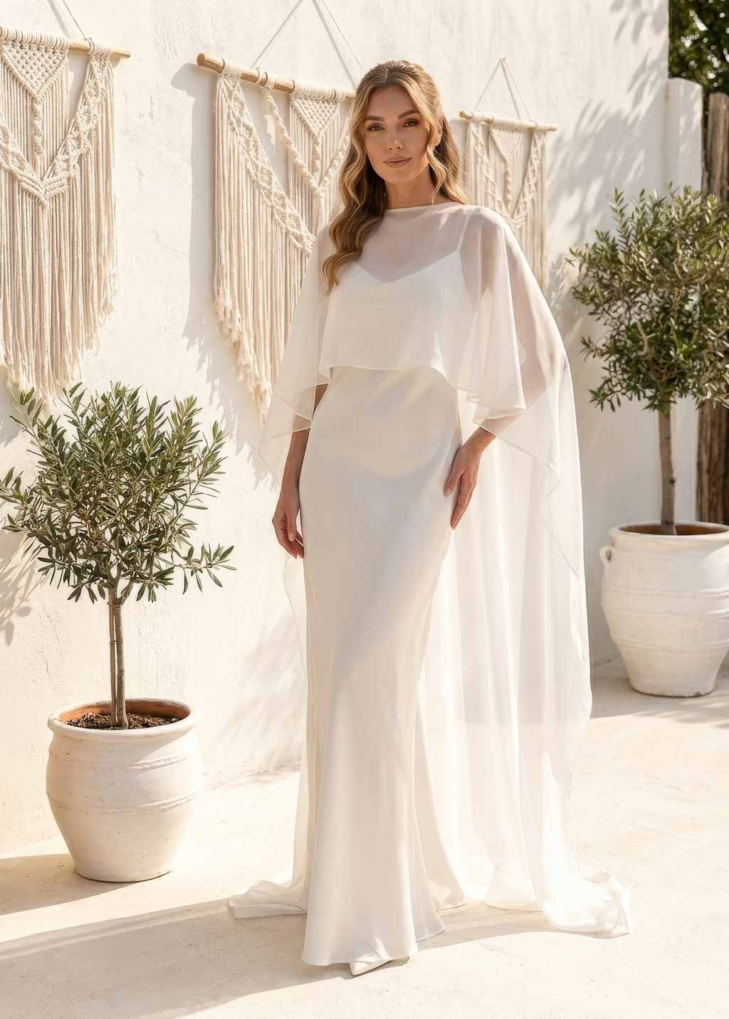 Ivory Bias Cut Silk Satin Maxi Dress with Chiffon Cape