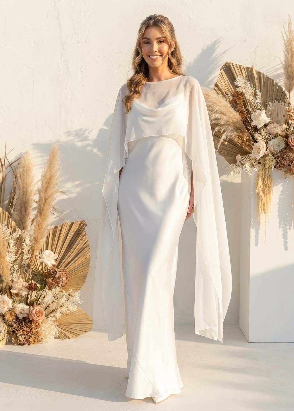 Ivory Bias Cut Silk Satin Dress with Chiffon Cape