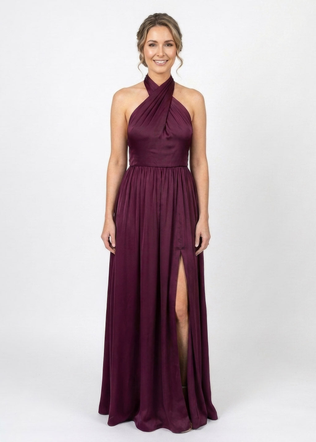 Dark Burgundy Silk Slit Halter Dress