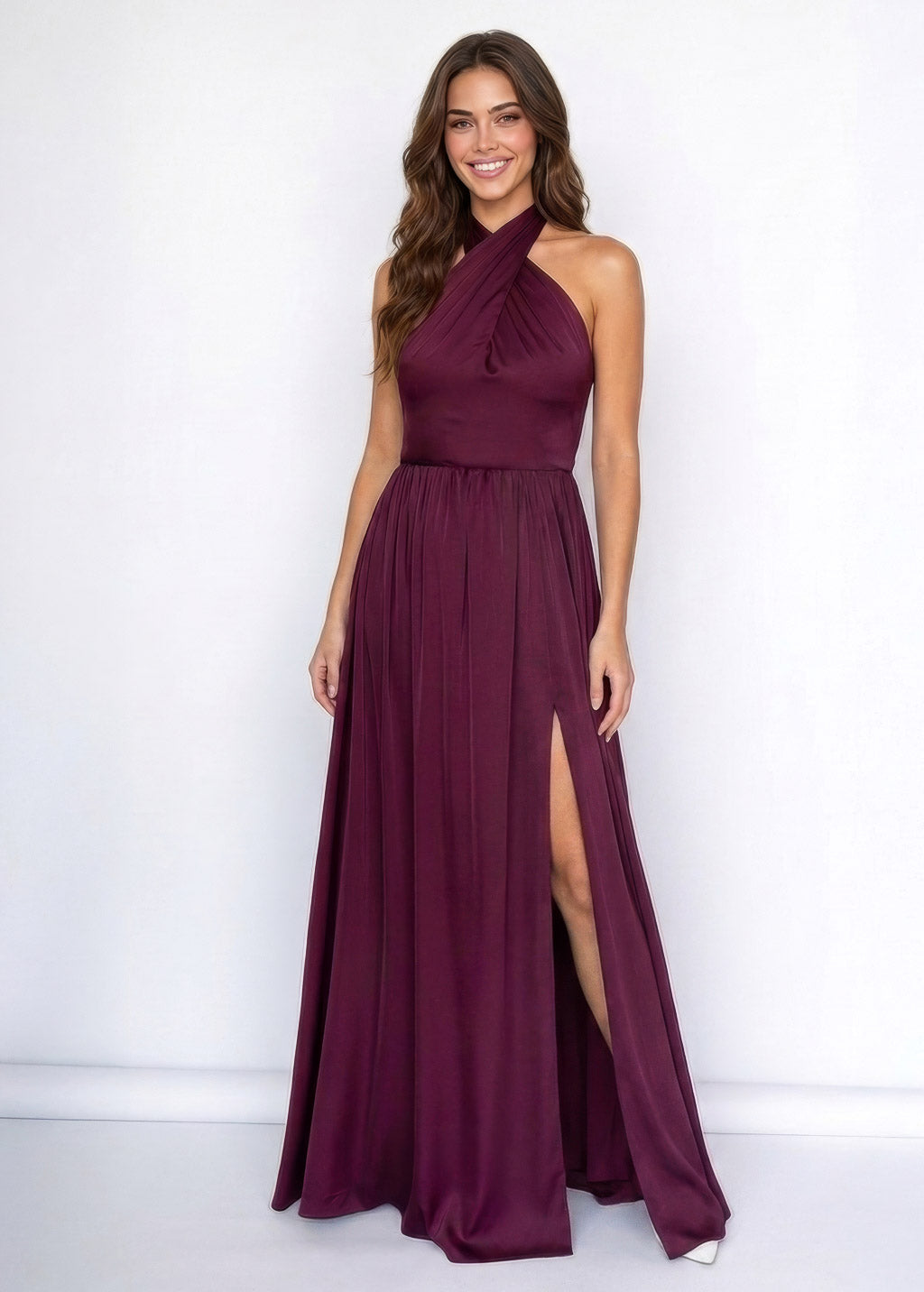 Dark Burgundy Silk Slit Halter Dress