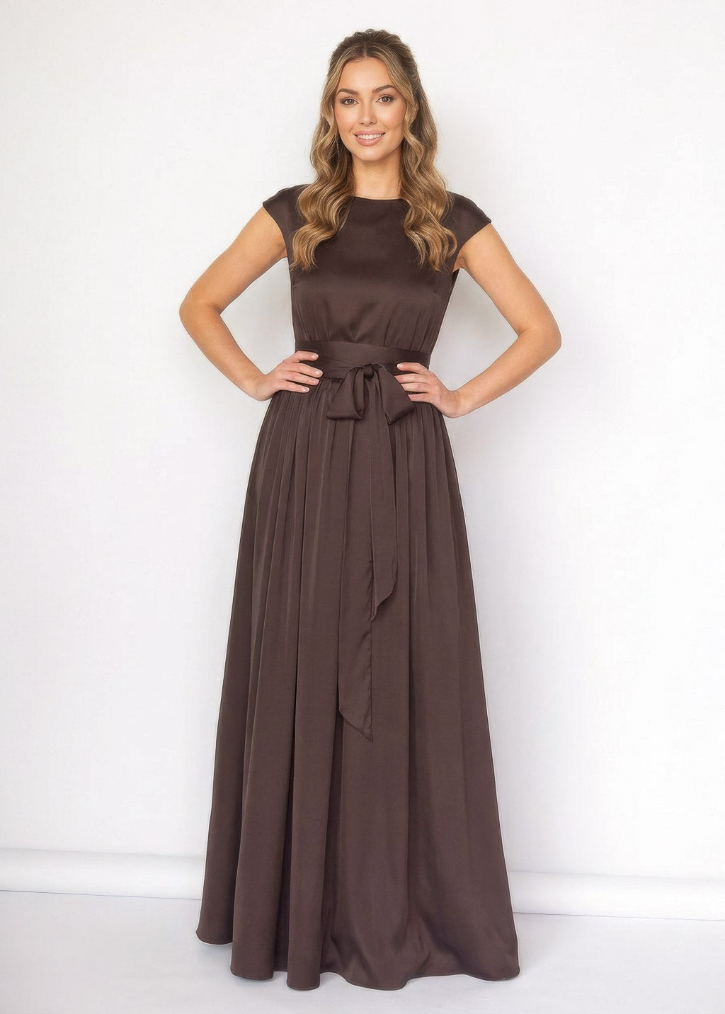 Chocolate Brown Silk Long Dress with Belt
