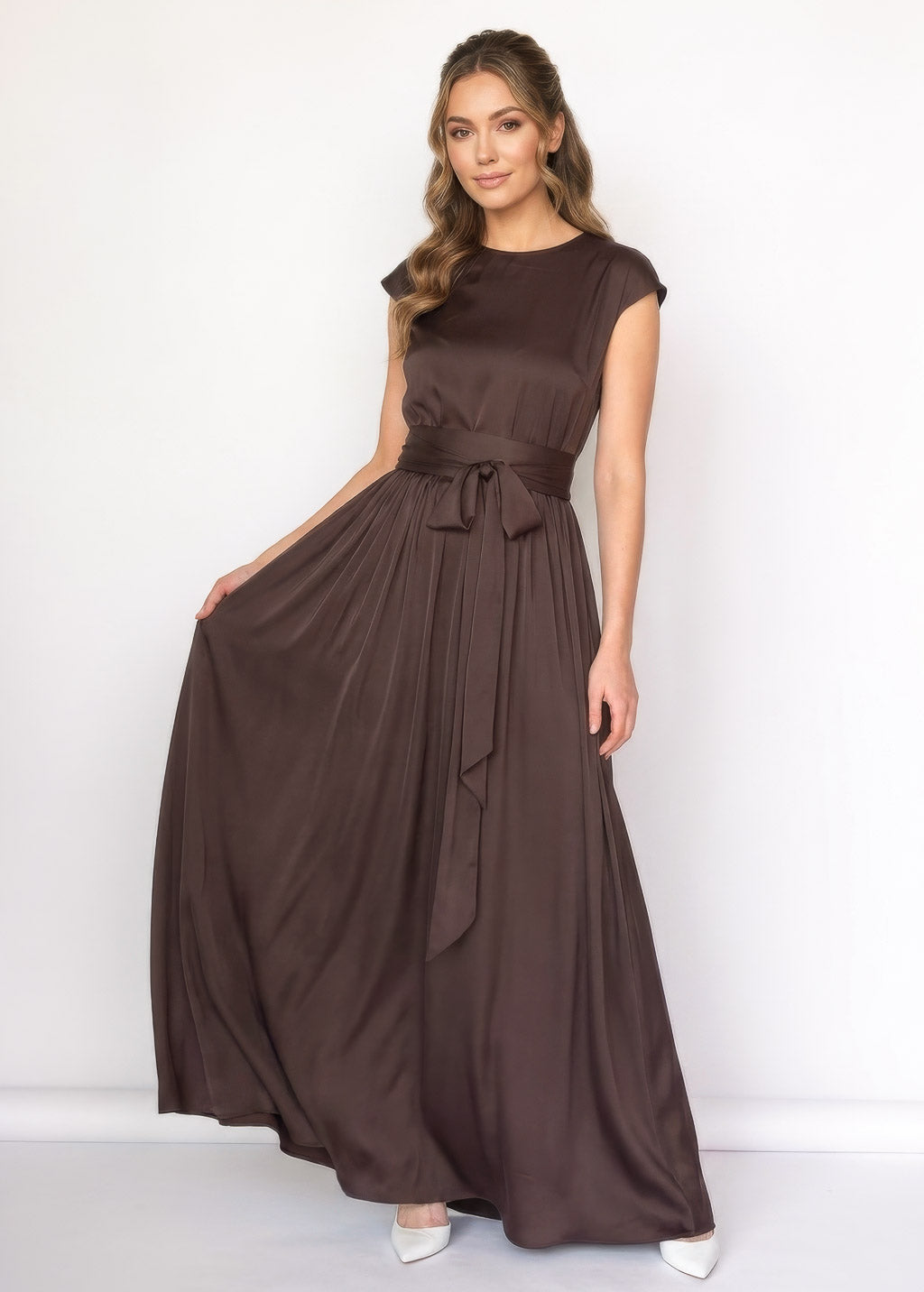 Chocolate Brown Silk Long Dress with Belt