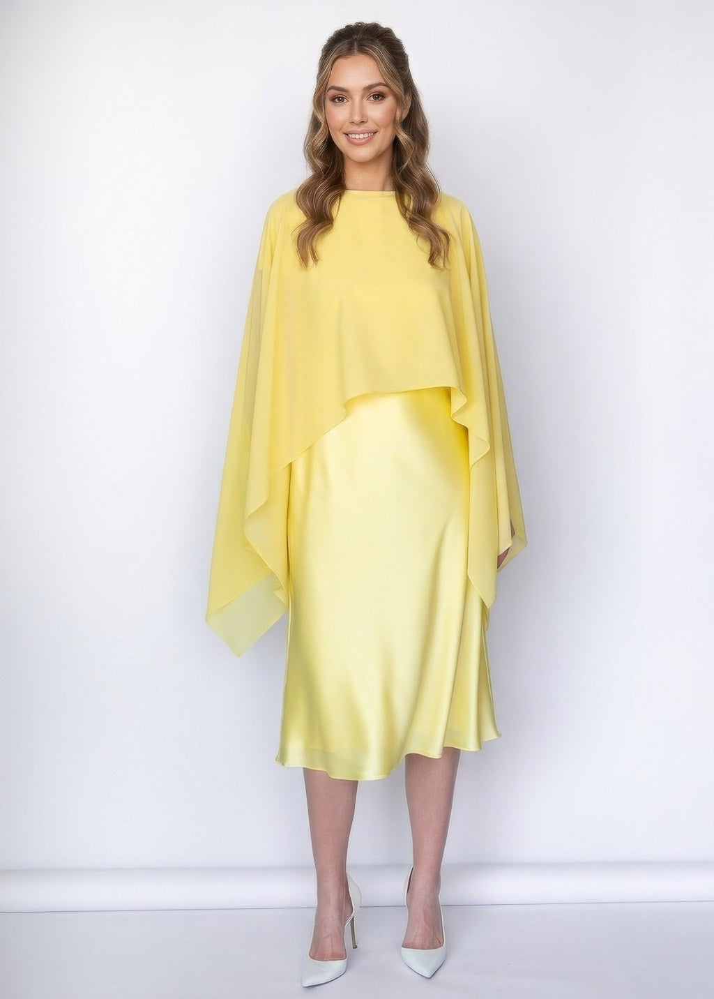 Elegant Lemon Sorbet Silk Midi Dress with Chiffon Dress