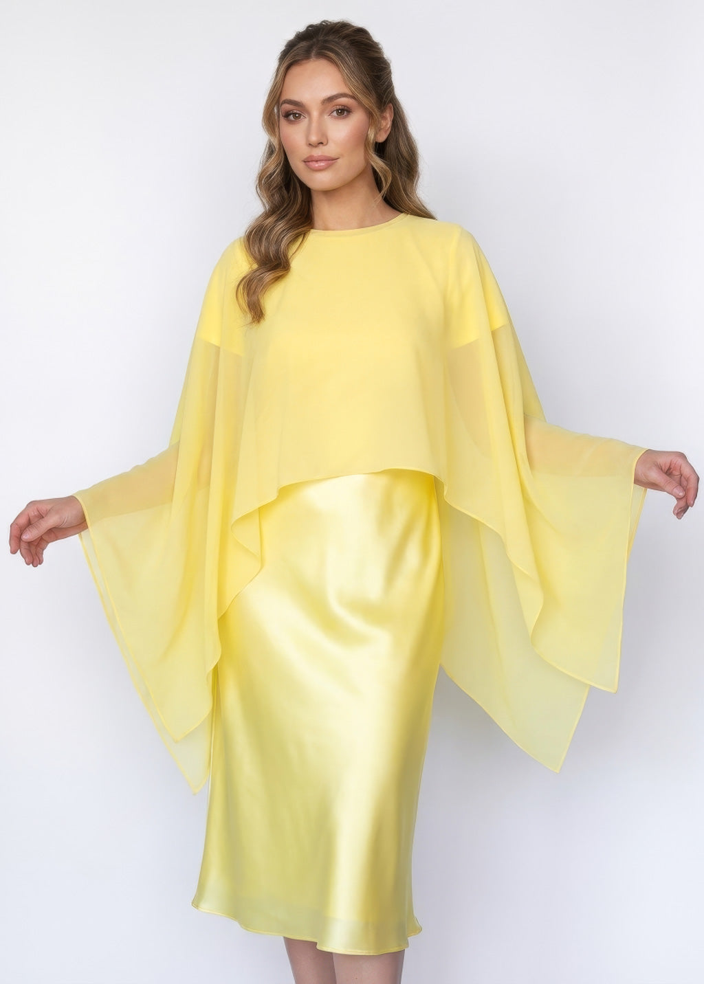 Elegant Lemon Sorbet Silk Midi Dress with Chiffon Dress