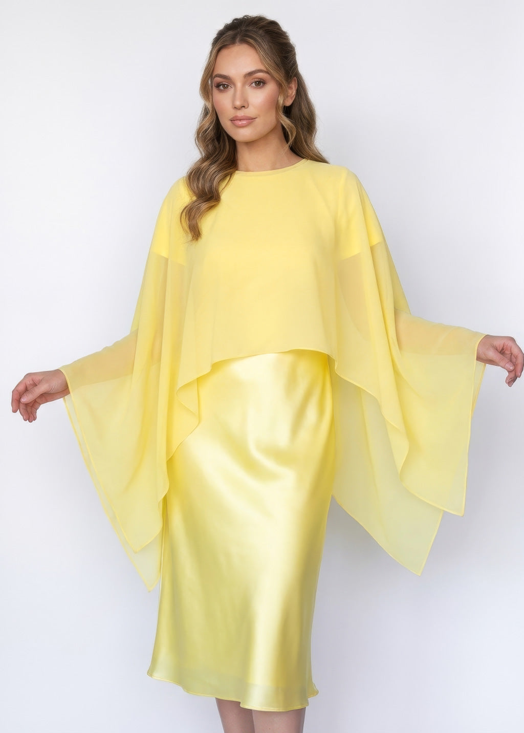Elegant Lemon Sorbet Silk Midi Dress with Chiffon Dress