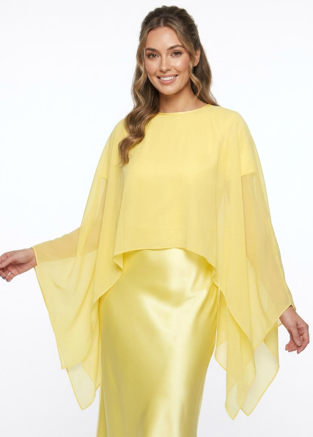 Elegant Lemon Sorbet Silk Midi Dress with Chiffon Dress