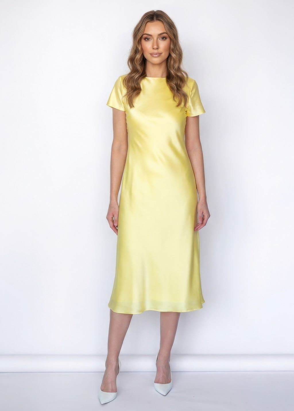 Elegant Lemon Sorbet Silk Midi Dress