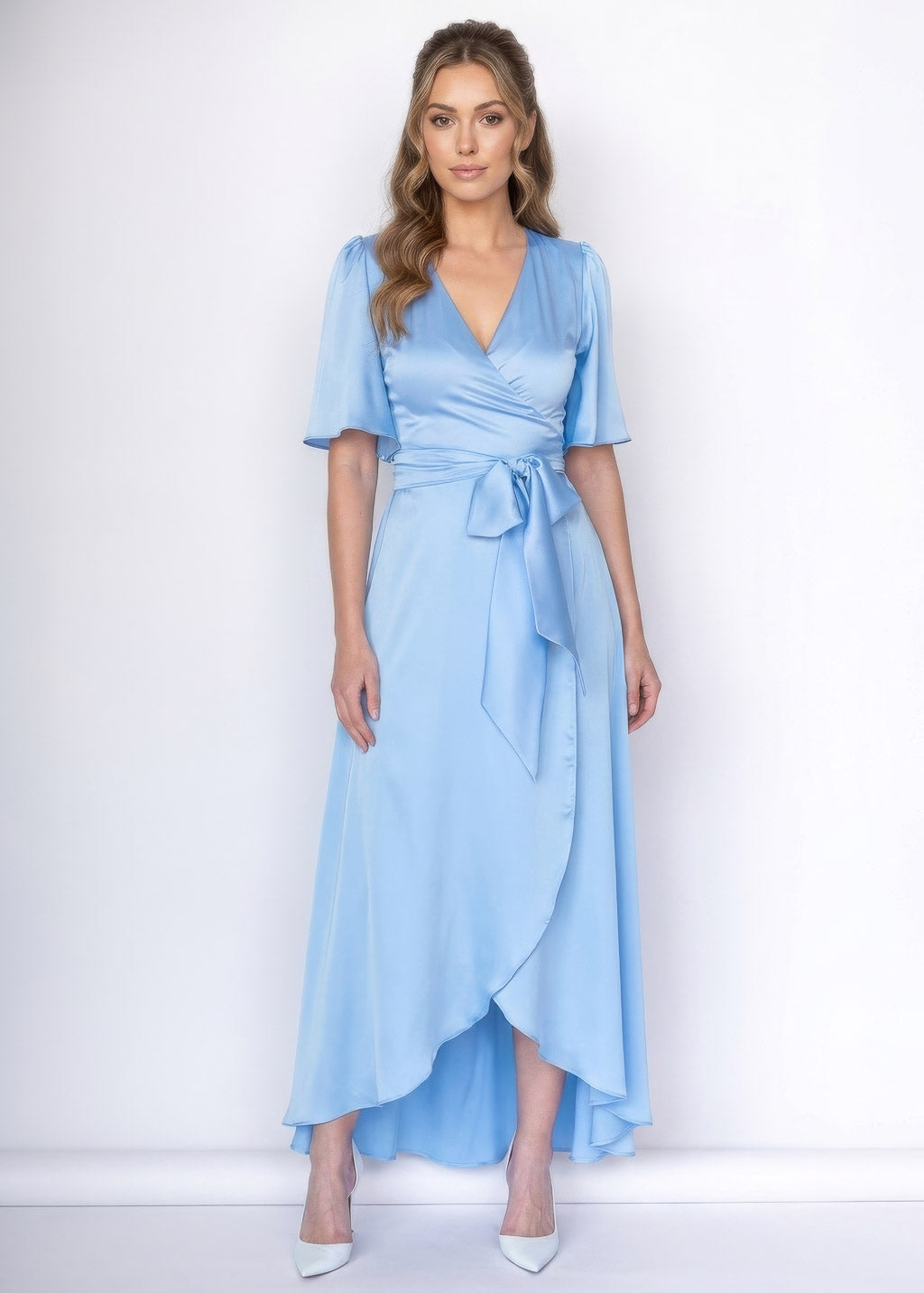 Sky blue silk long wrap dress
