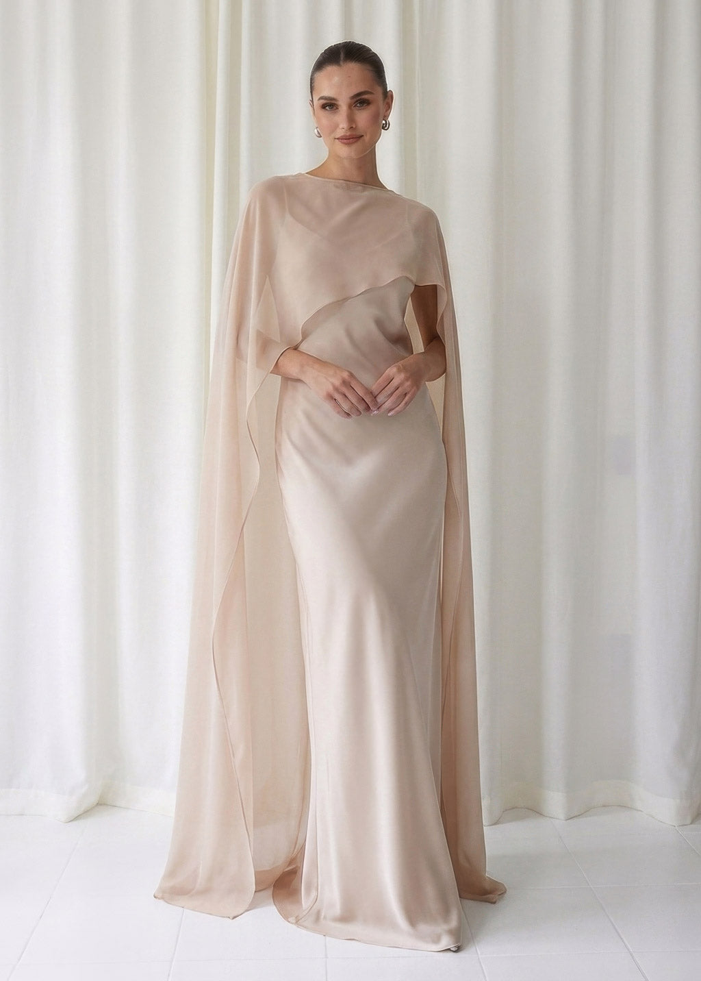 Bias Cut Silk Satin Maxi Dress with Chiffon Cape (Copy)