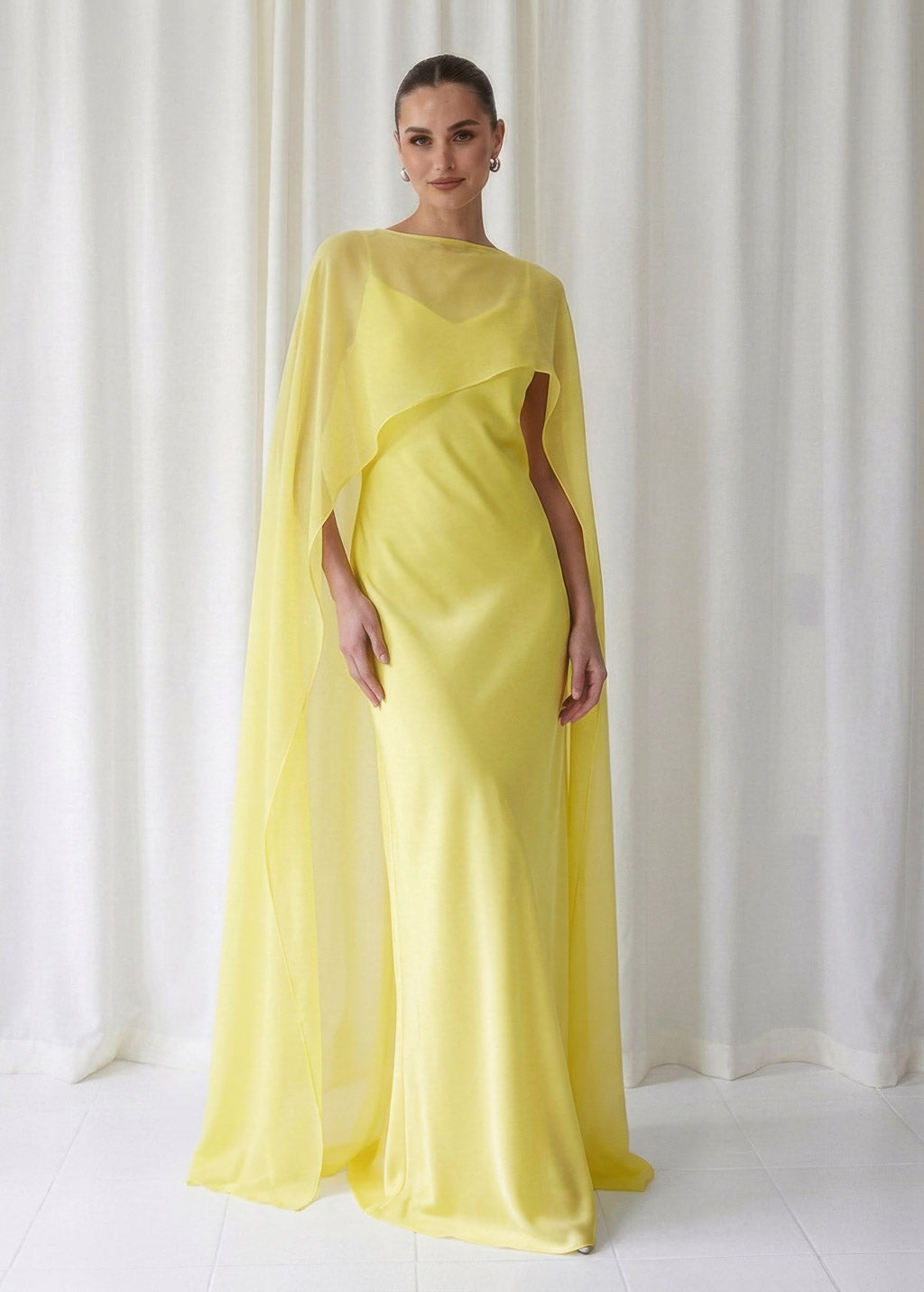 Bias Cut Silk Satin Maxi Dress with Chiffon Cape (Copy)