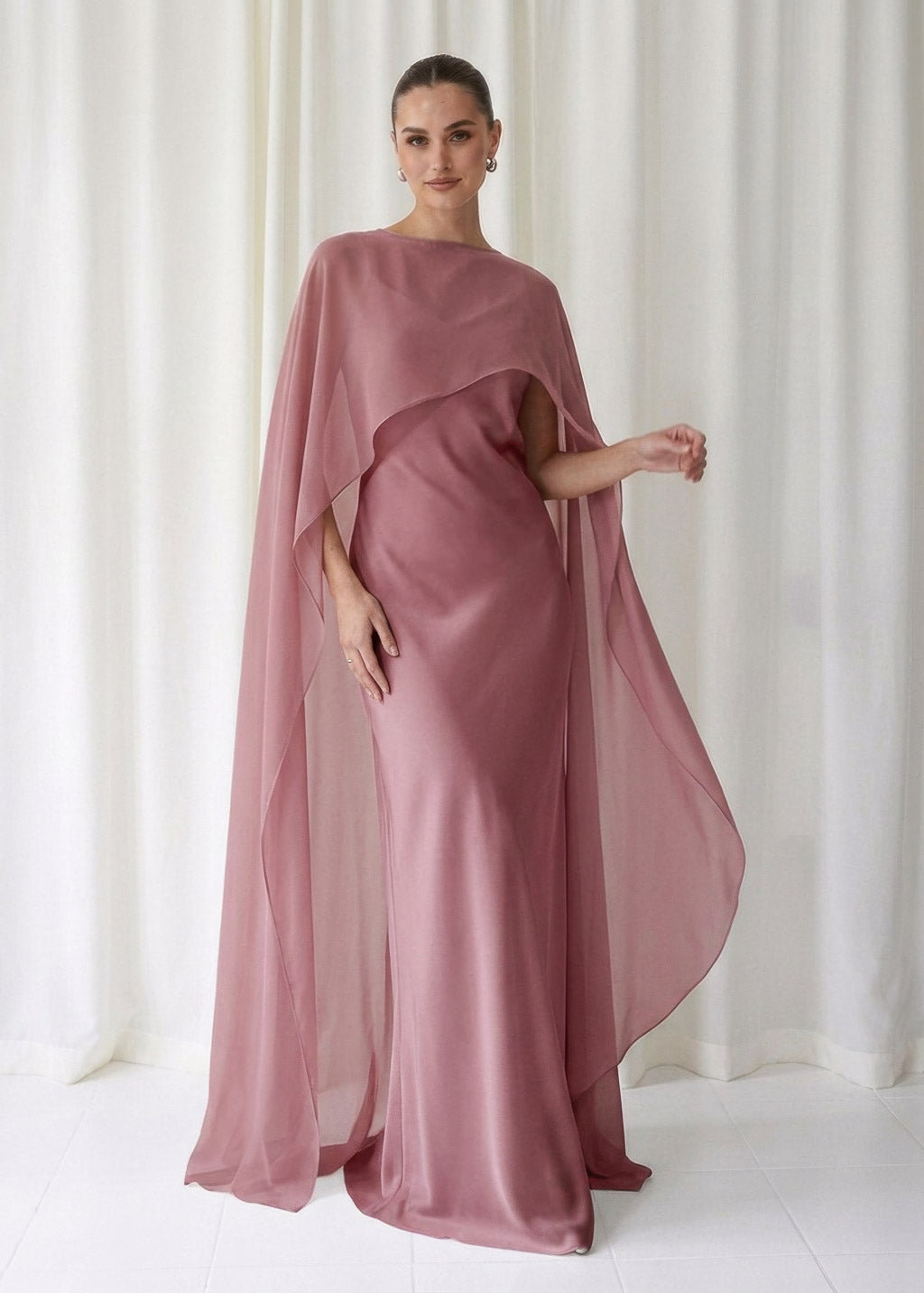 Bias Cut Silk Satin Maxi Dress with Chiffon Cape (Copy)