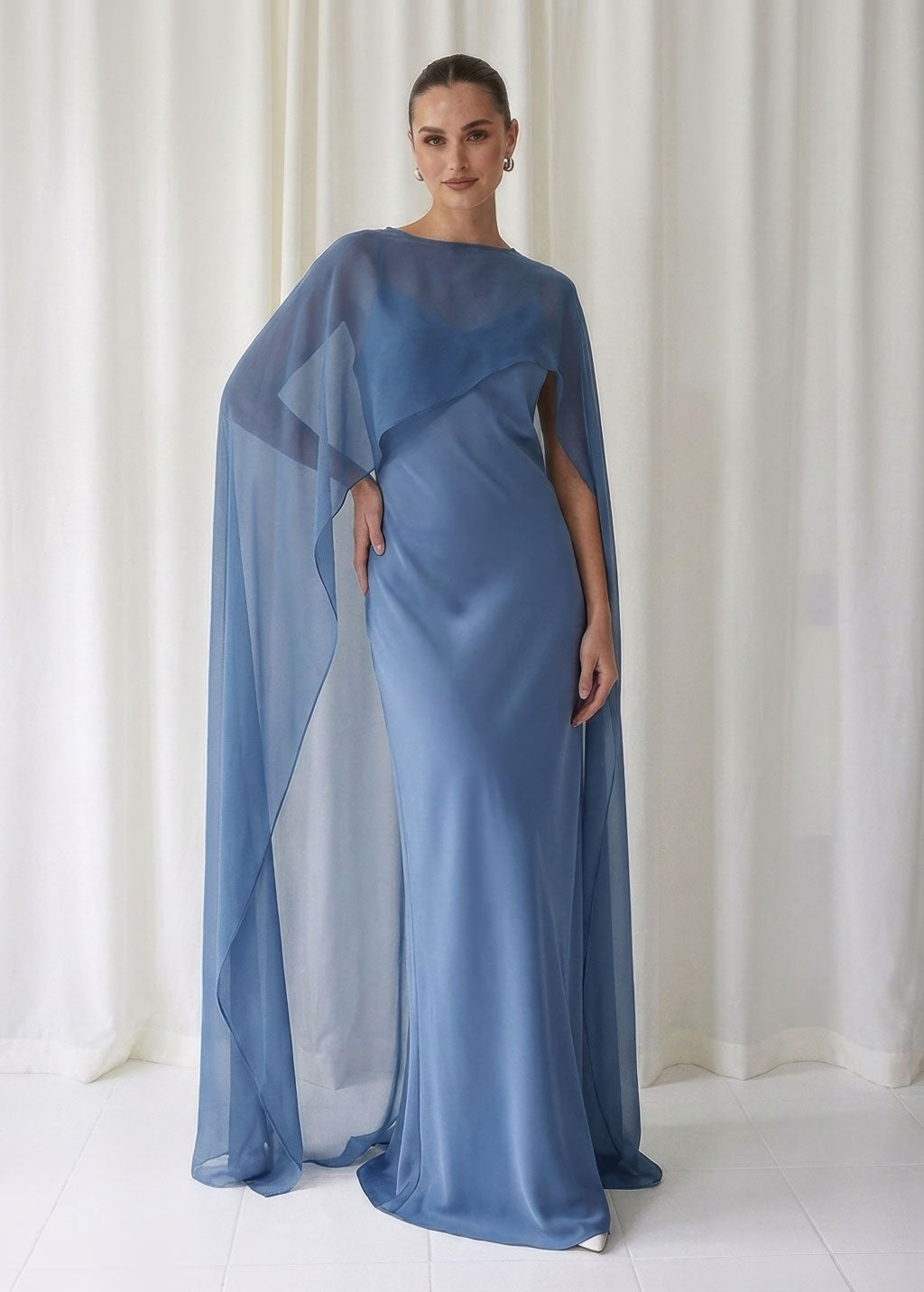 Bias Cut Silk Satin Maxi Dress with Chiffon Cape (Copy)