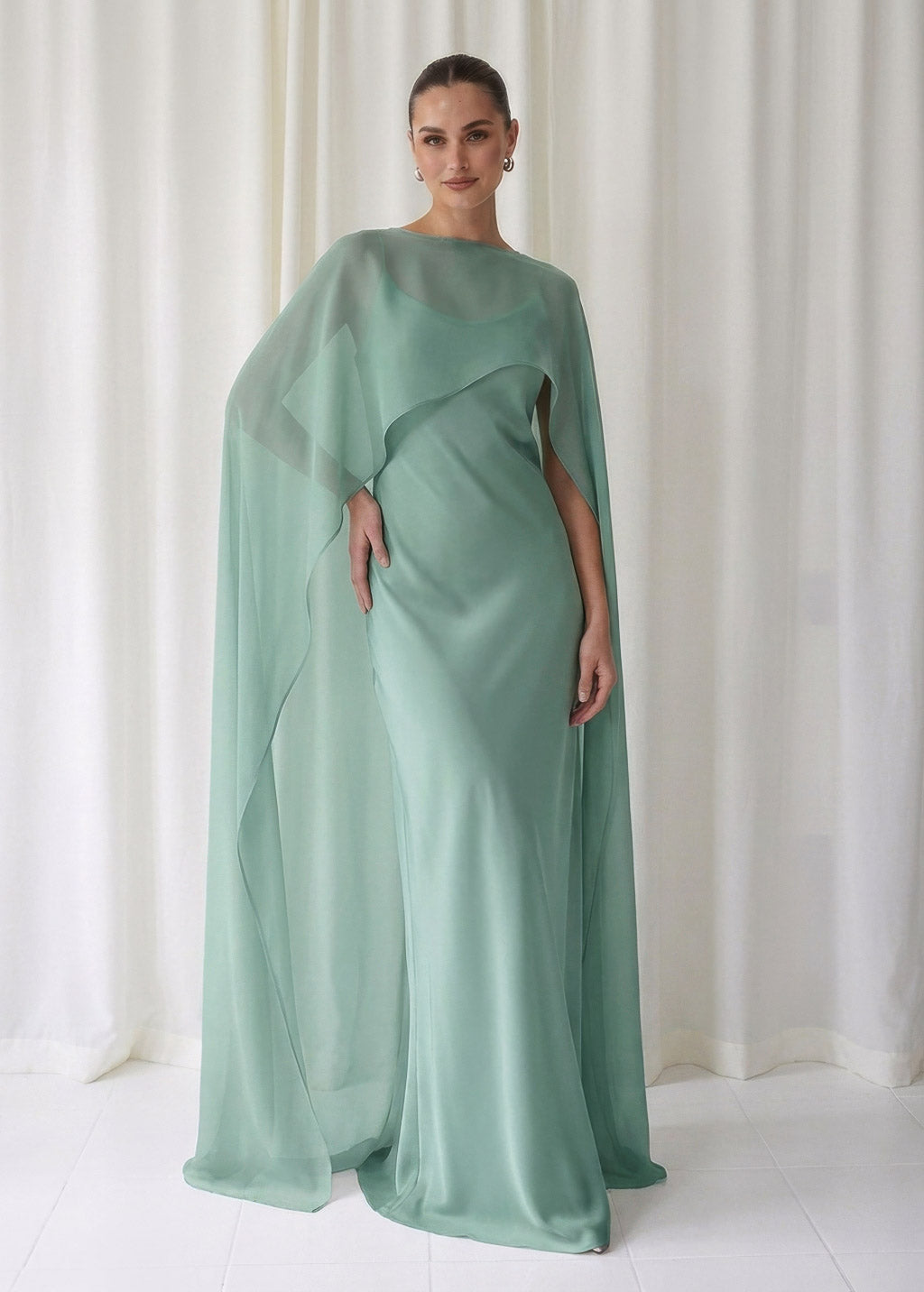 Bias Cut Silk Satin Maxi Dress with Chiffon Cape (Copy)