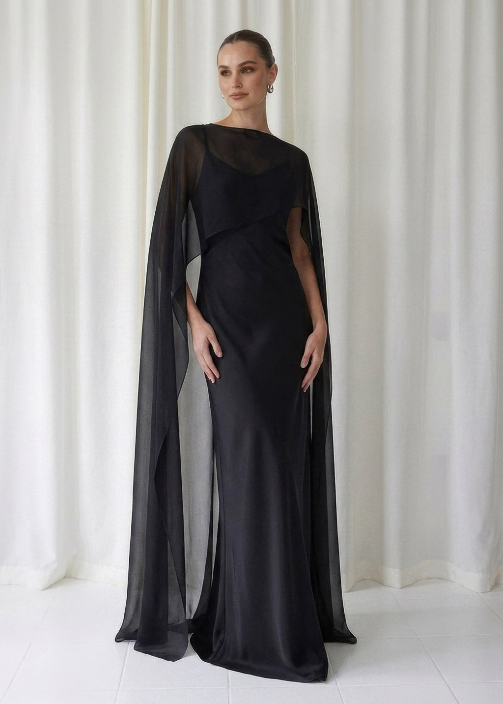 Bias Cut Silk Satin Maxi Dress with Chiffon Cape (Copy)