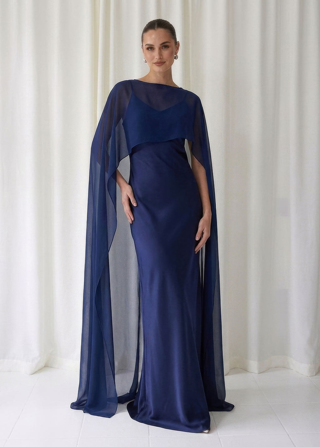 Bias Cut Silk Satin Maxi Dress with Chiffon Cape (Copy)