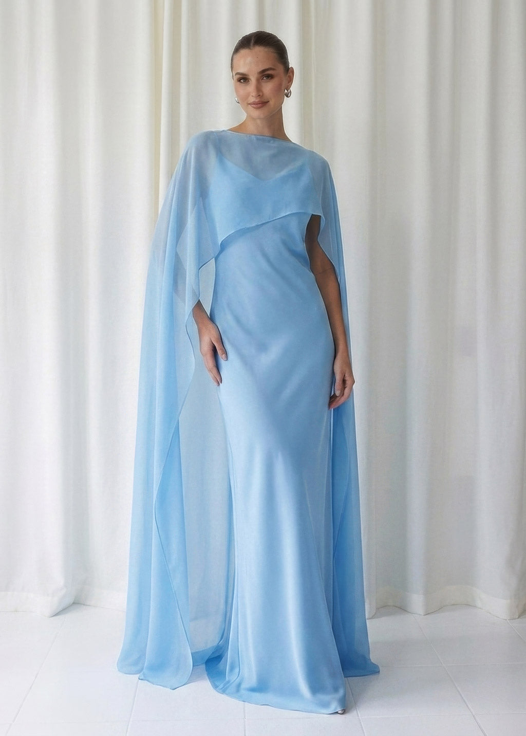 Bias Cut Silk Satin Maxi Dress with Chiffon Cape (Copy)