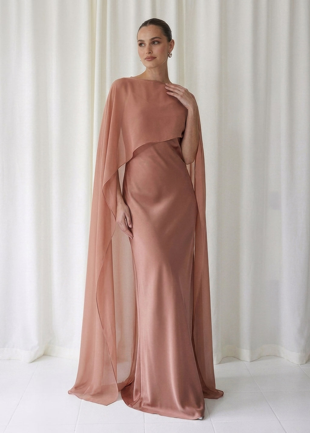 Bias Cut Silk Satin Maxi Dress with Chiffon Cape (Copy)