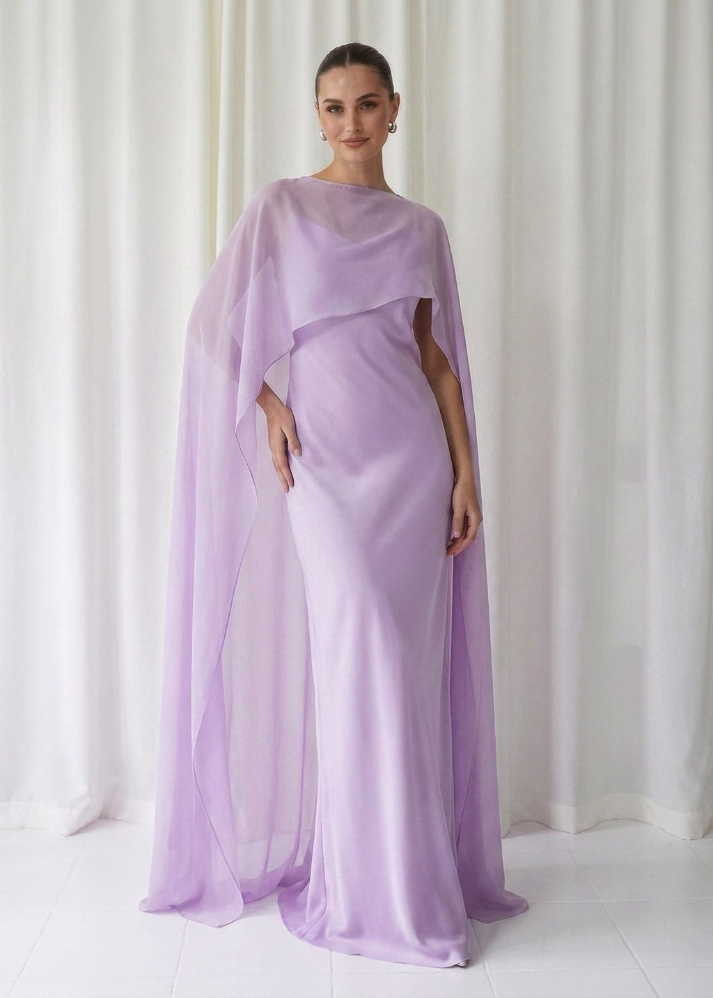 Bias Cut Silk Satin Maxi Dress with Chiffon Cape (Copy)