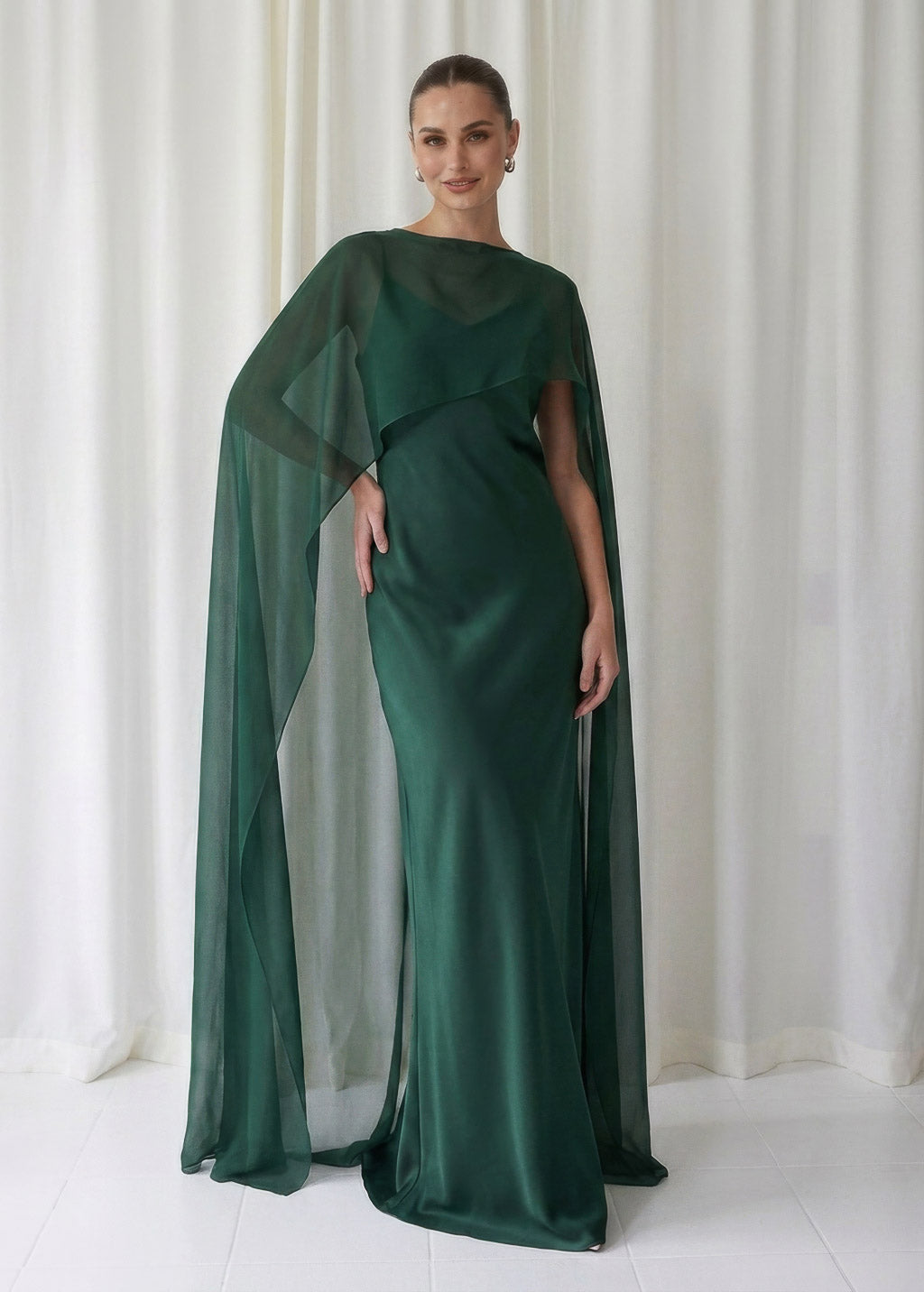 Bias Cut Silk Satin Maxi Dress with Chiffon Cape (Copy)