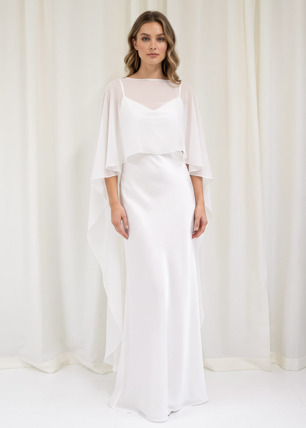 Bias Cut Silk Satin Maxi Dress with Chiffon Cape