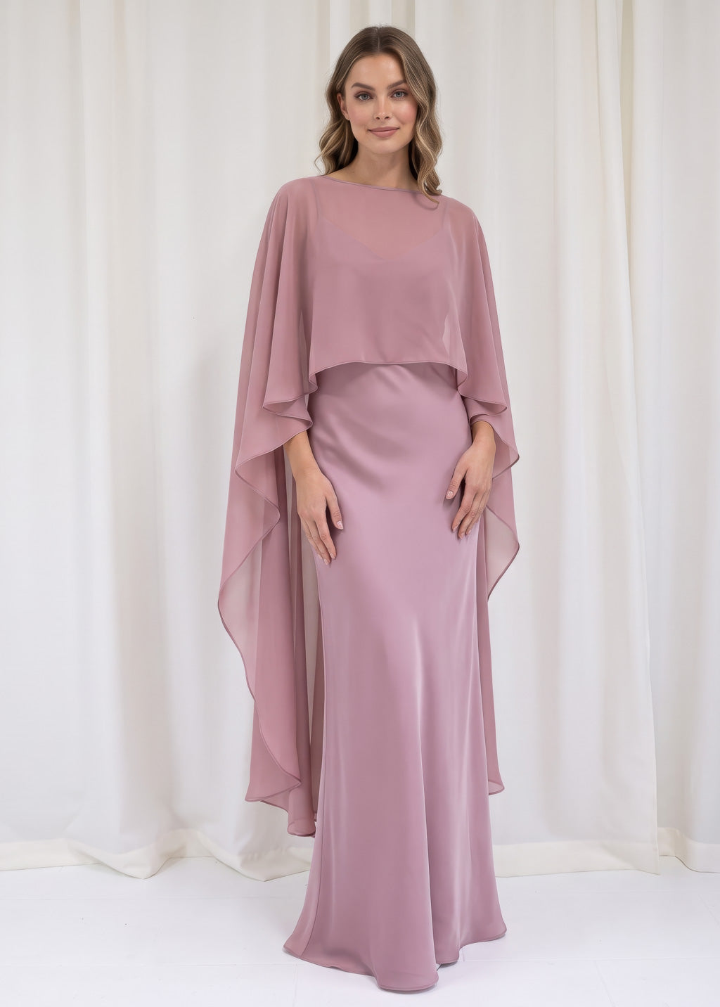 Bias Cut Silk Satin Maxi Dress with Chiffon Cape