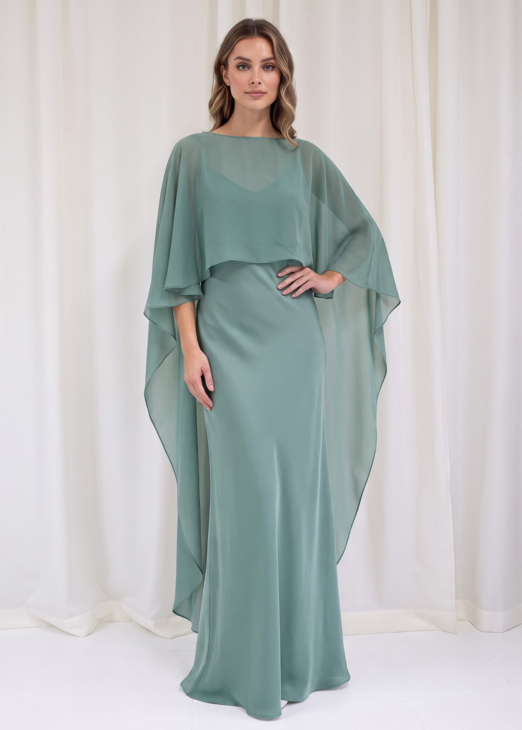 Bias Cut Silk Satin Maxi Dress with Chiffon Cape