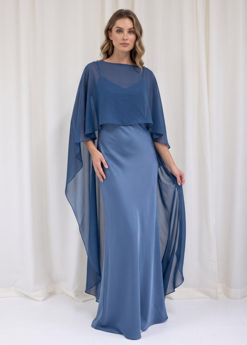 Bias Cut Silk Satin Maxi Dress with Chiffon Cape