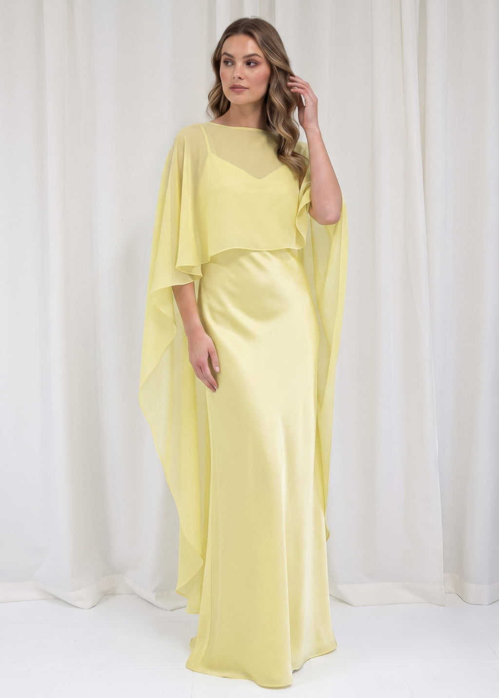 Bias Cut Silk Satin Maxi Dress with Chiffon Cape