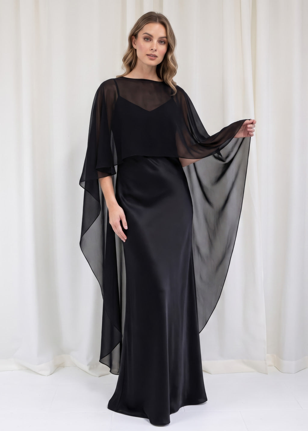 Bias Cut Silk Satin Maxi Dress with Chiffon Cape
