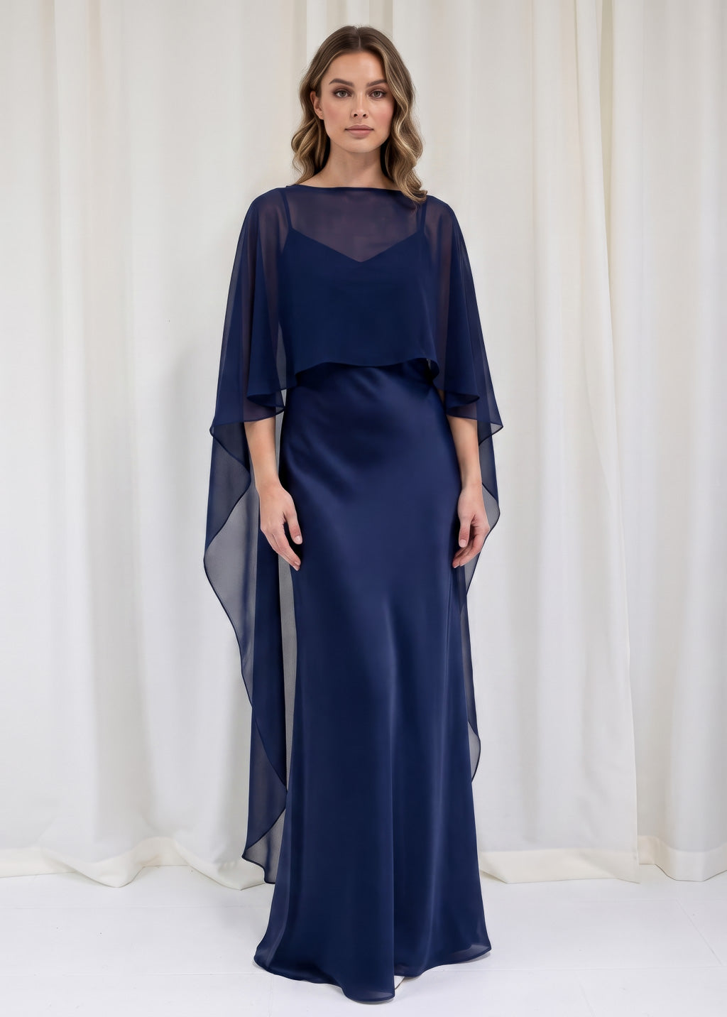Bias Cut Silk Satin Maxi Dress with Chiffon Cape
