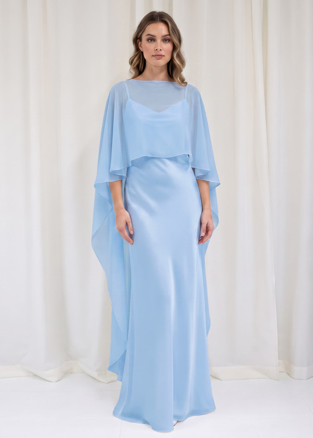 Bias Cut Silk Satin Maxi Dress with Chiffon Cape