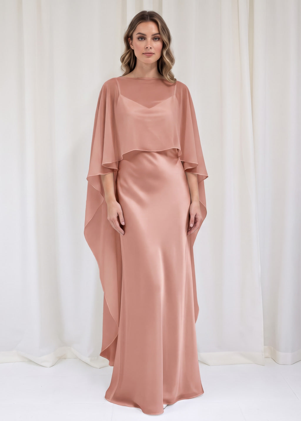 Bias Cut Silk Satin Maxi Dress with Chiffon Cape