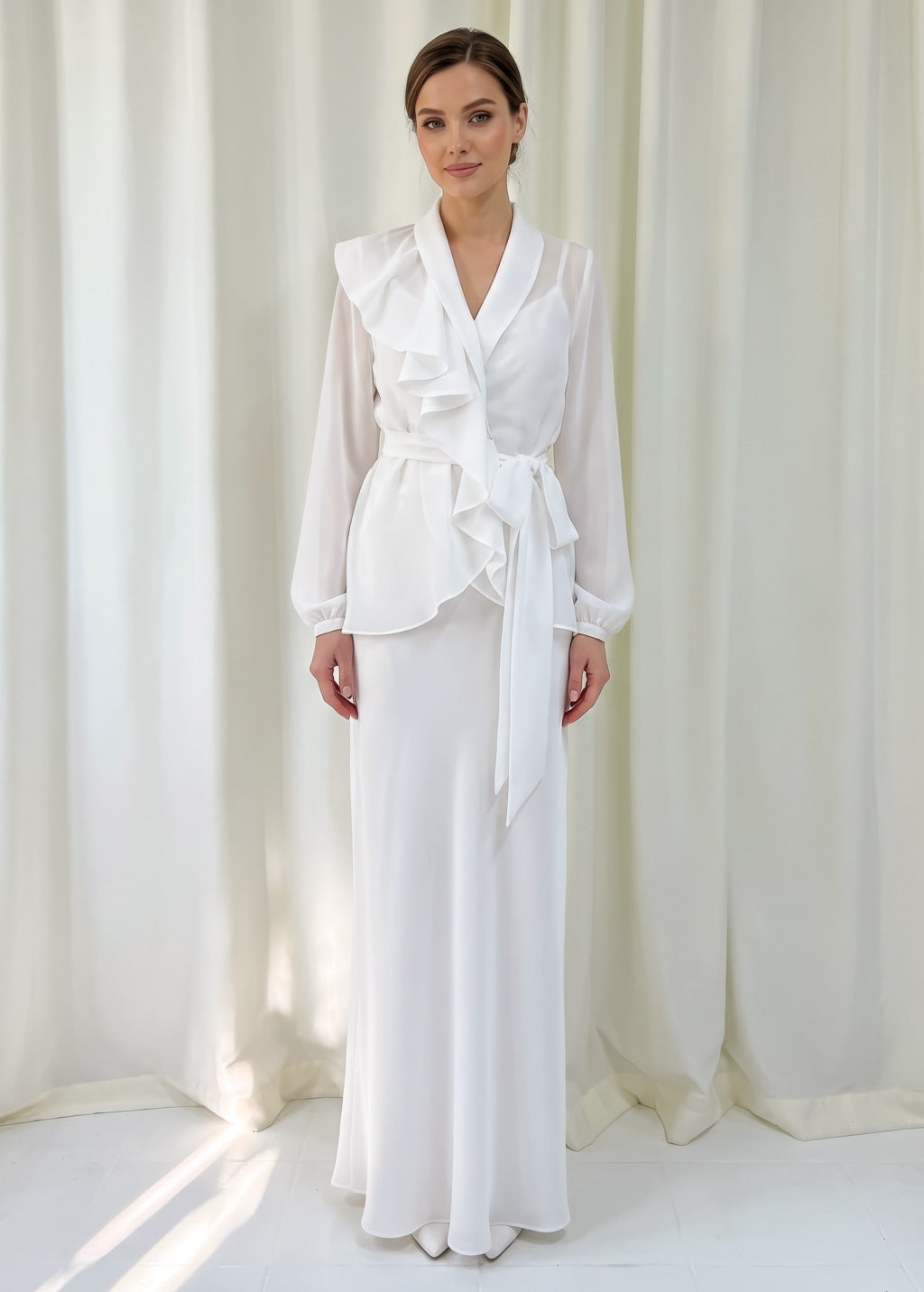 Bias Cut Silk Satin Maxi Dress with Chiffon Blouse