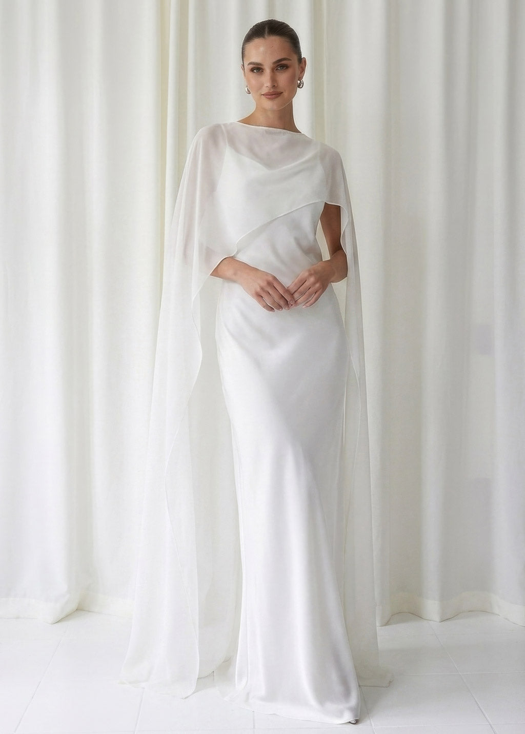 Bias Cut Silk Satin Maxi Dress with Chiffon Cape (Copy)