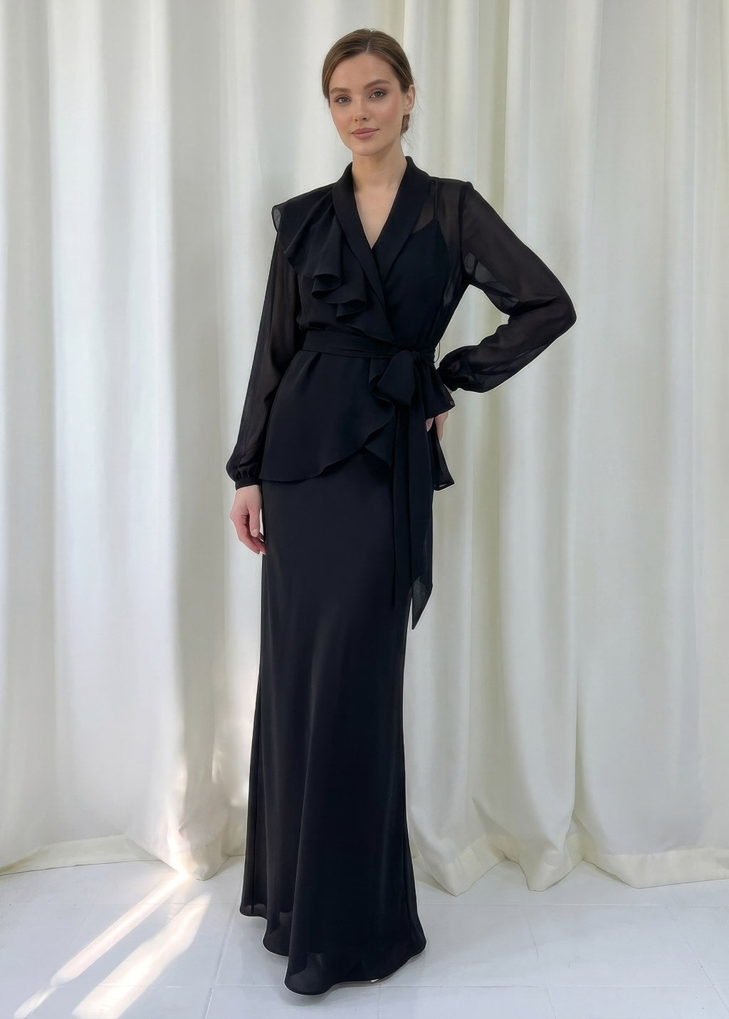 Bias Cut Silk Satin Maxi Dress with Chiffon Blouse