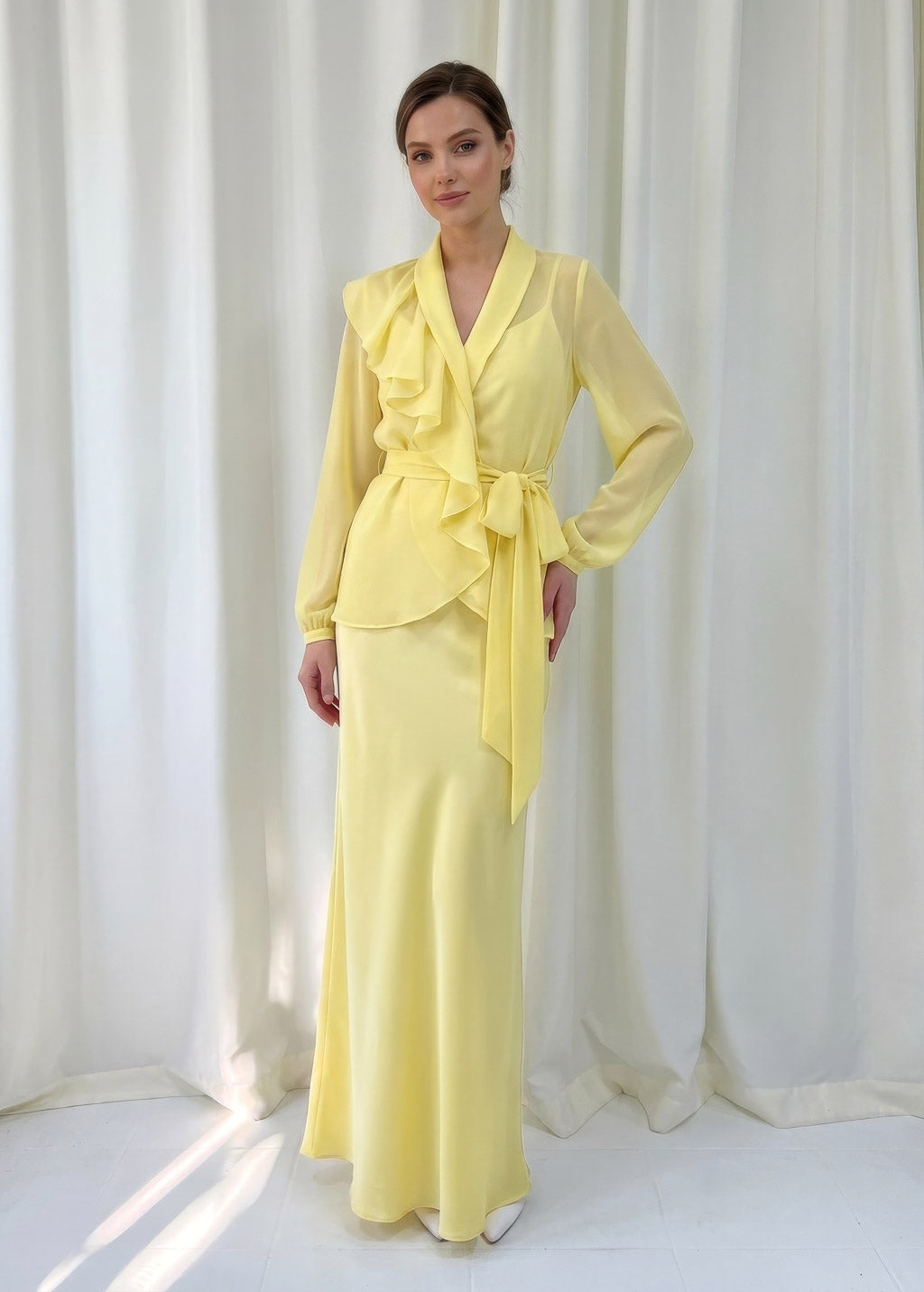 Bias Cut Silk Satin Maxi Dress with Chiffon Blouse
