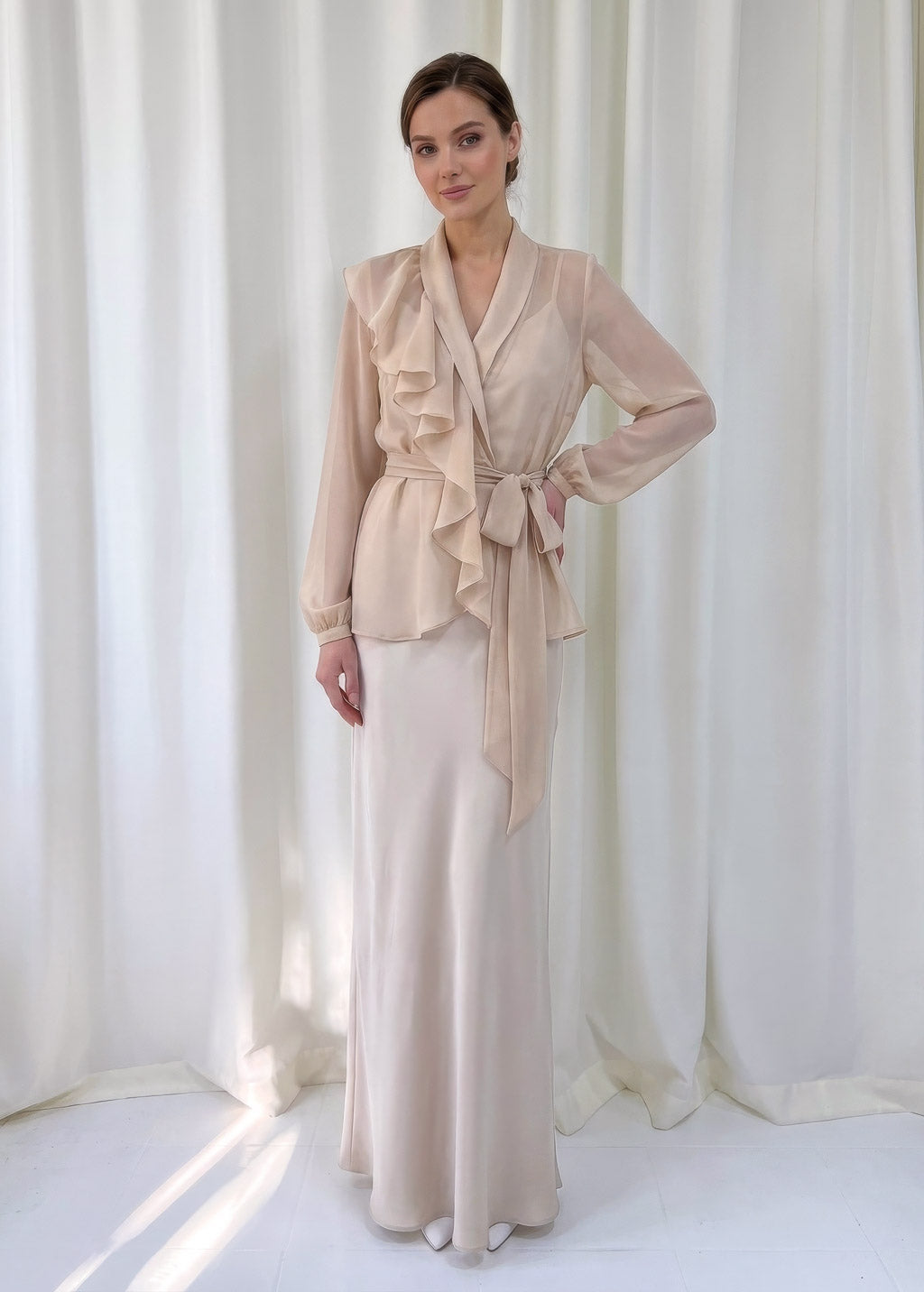 Bias Cut Silk Satin Maxi Dress with Chiffon Blouse