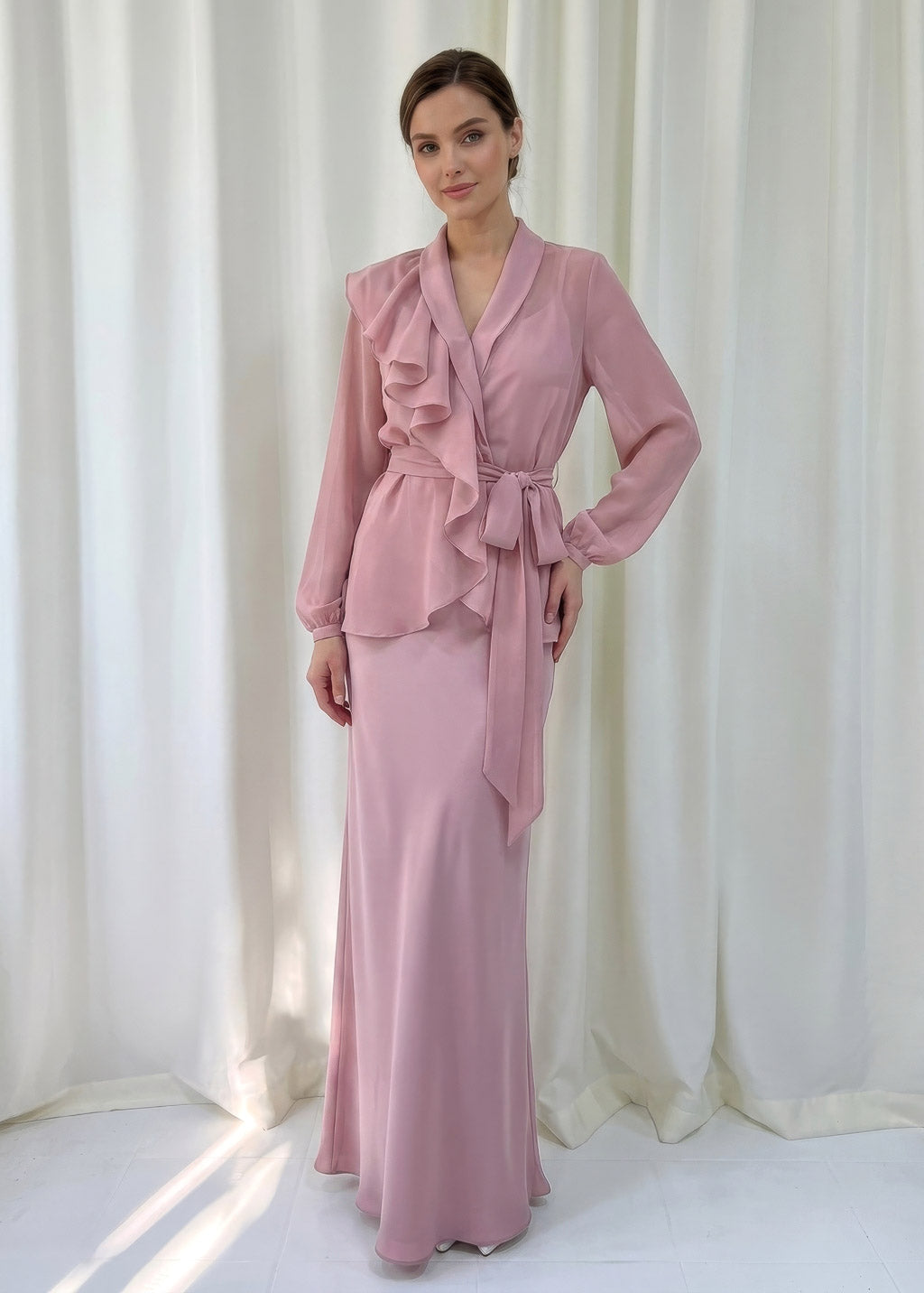 Bias Cut Silk Satin Maxi Dress with Chiffon Blouse