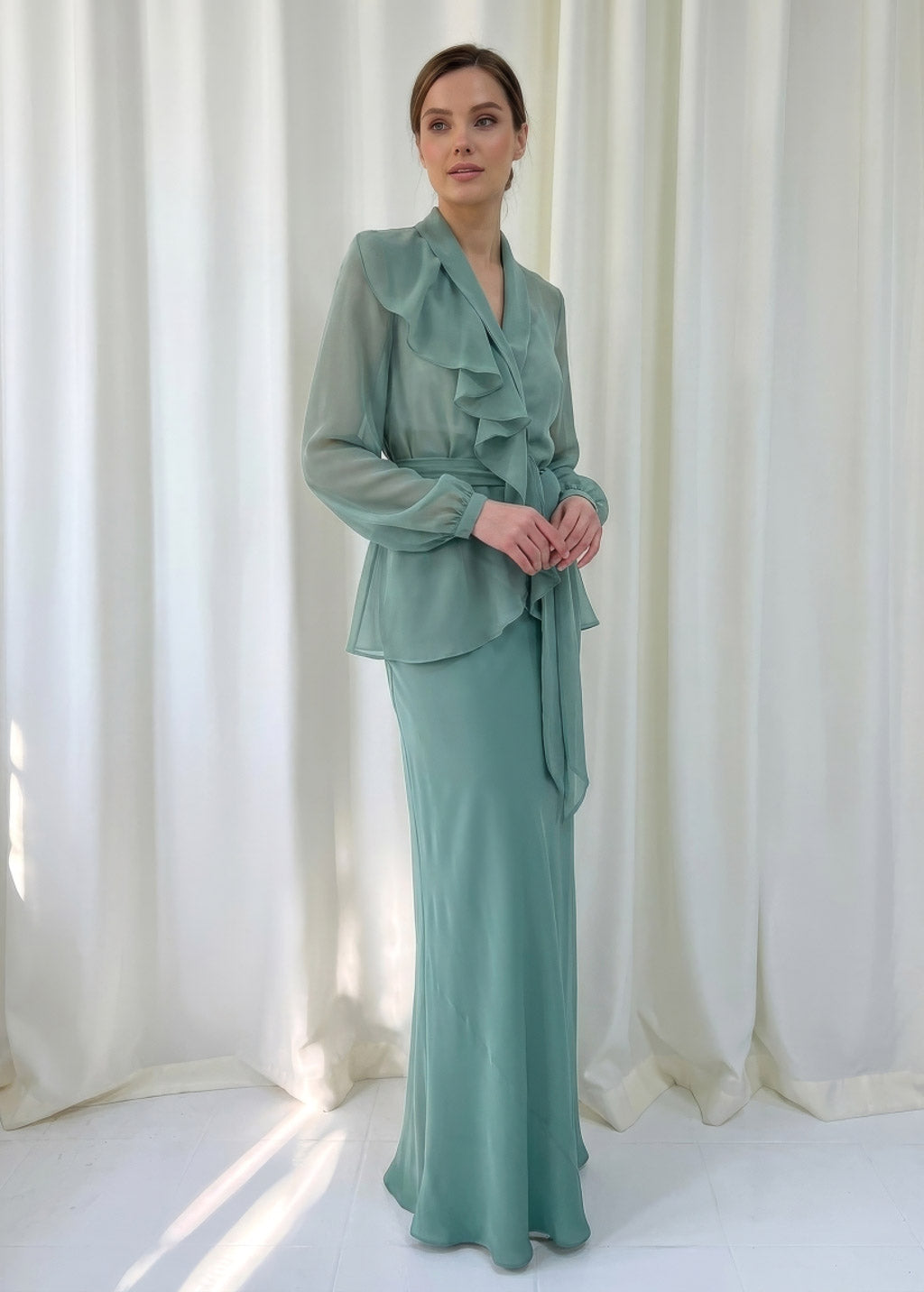 Bias Cut Silk Satin Maxi Dress with Chiffon Blouse
